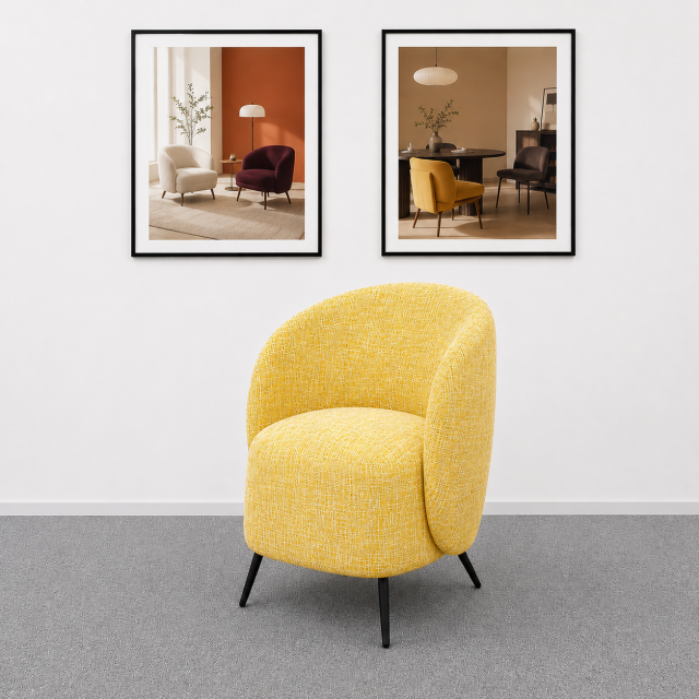 Moderner gelber Cocktailsessel mit Rundrücken und Metallbeinen | ComfPlus