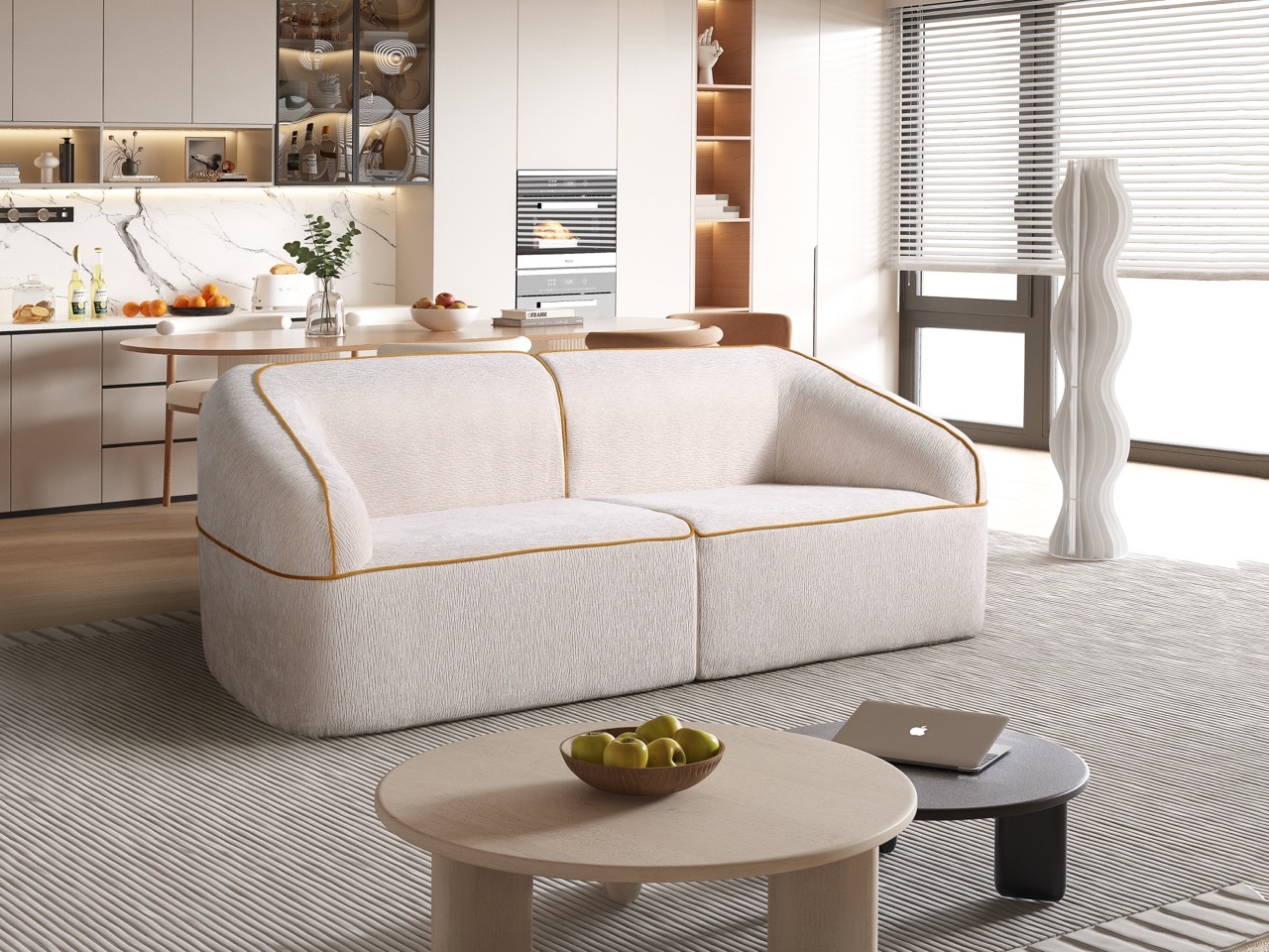 Geschwungenes 2-Sitzer-Sofa mit goldfarbener Paspel H-013 für Möbelhandel und Objekteinrichtung | ComfPlus Furnishing