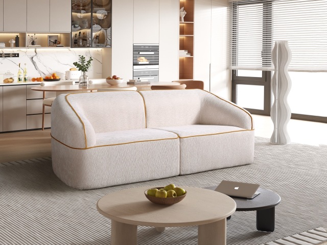 Geschwungenes 2-Sitzer-Sofa mit goldfarbener Paspel H-013 für Möbelhandel und Objekteinrichtung | ComfPlus Furnishing