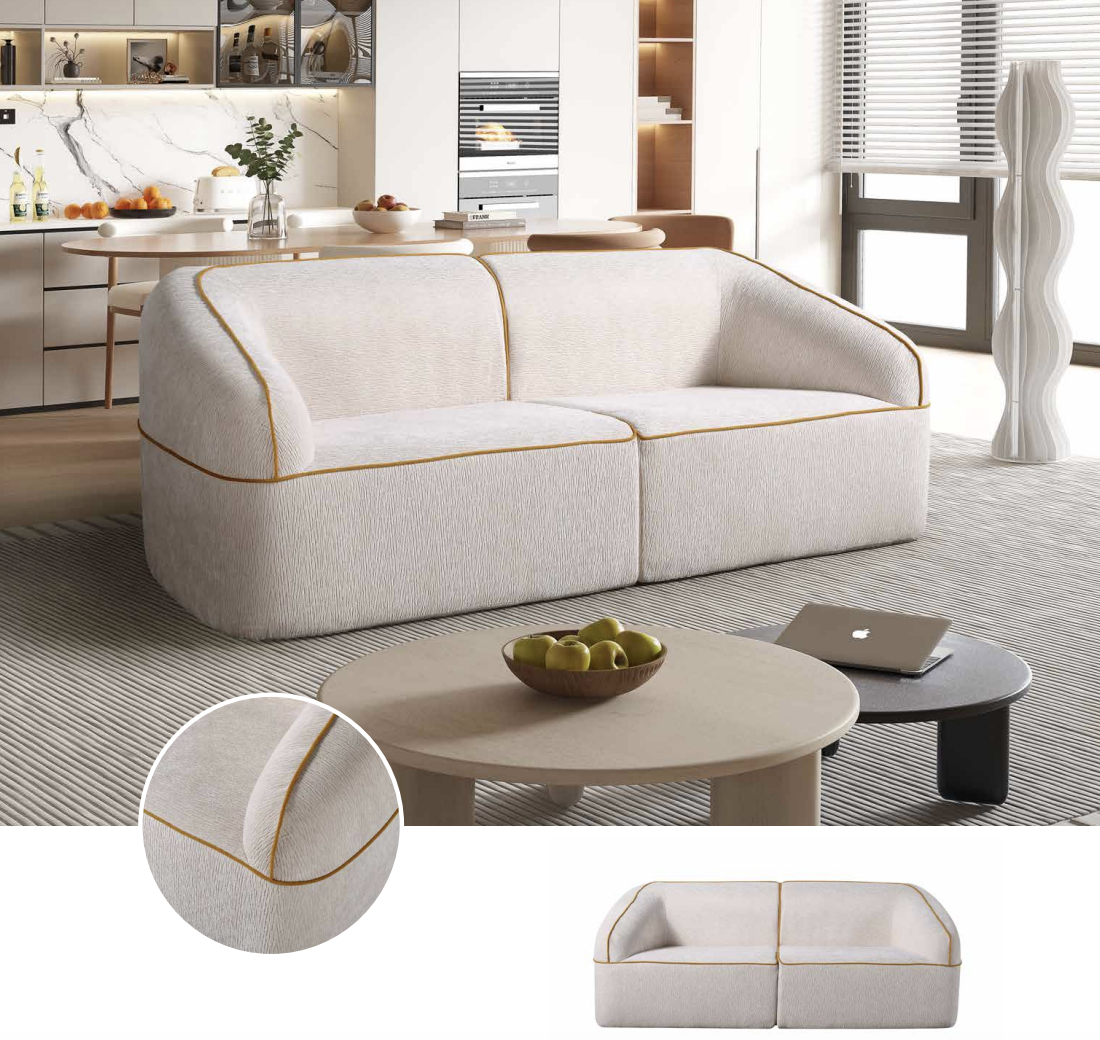 Geschwungenes 2-Sitzer-Sofa mit goldfarbener Paspel H-013 für Möbelhandel und Objekteinrichtung | ComfPlus Furnishing
