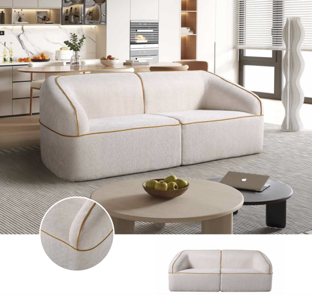 Geschwungenes 2-Sitzer-Sofa mit goldfarbener Paspel H-013 für Möbelhandel und Objekteinrichtung | ComfPlus Furnishing