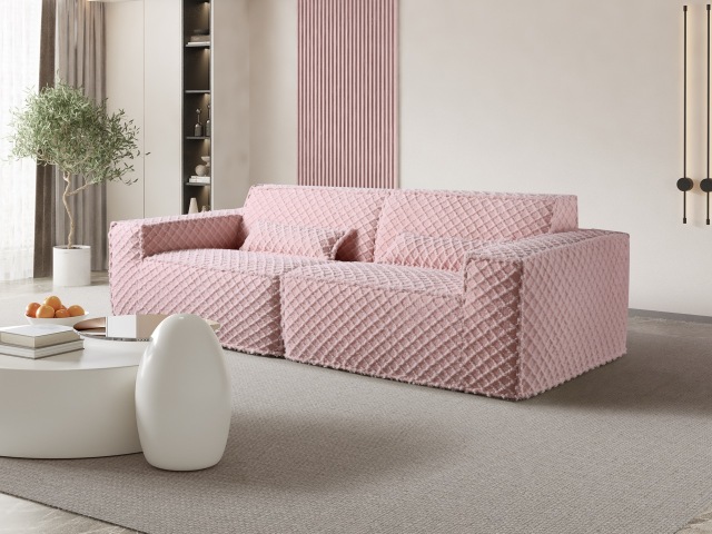 Sofá comprimido H-014 de três lugares com revestimento acolchoado rosa