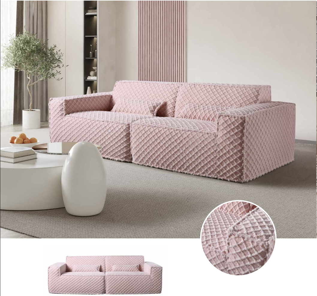 Sofá comprimido H-014 de três lugares com revestimento acolchoado rosa