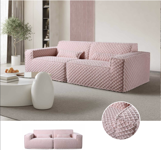 Sofá comprimido H-014 de três lugares com revestimento acolchoado rosa