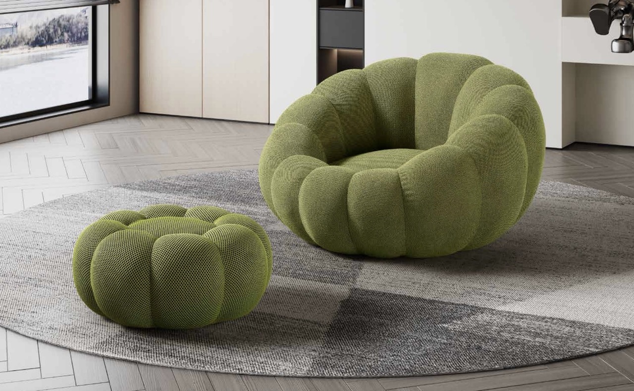 Loungesessel in Kürbisform mit Hocker H-045 für Möbelhandel und Objekteinrichtung | ComfPlus Furnishing