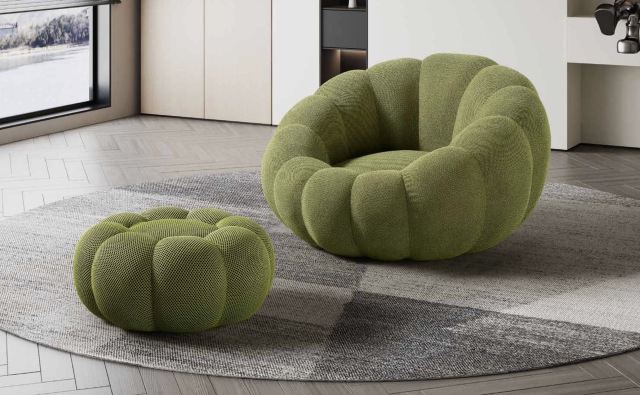 Loungesessel in Kürbisform mit Hocker H-045 für Möbelhandel und Objekteinrichtung | ComfPlus Furnishing