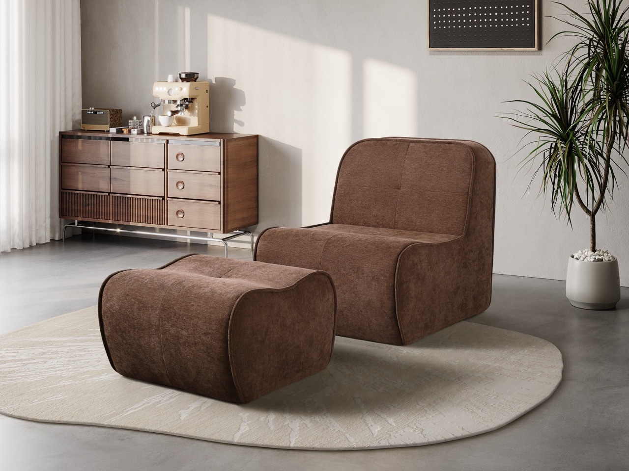 H-053 Cadeirão lounge comprimido com otomana para hotéis e interiores residenciais | ComfPlus
