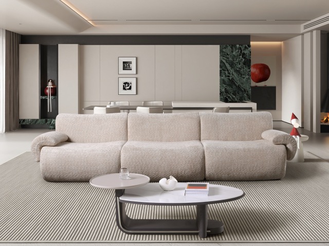 Canapé compressible incurvé 3 places H-058 en tissu bouclé pour projets professionnels | ComfPlus Furnishing