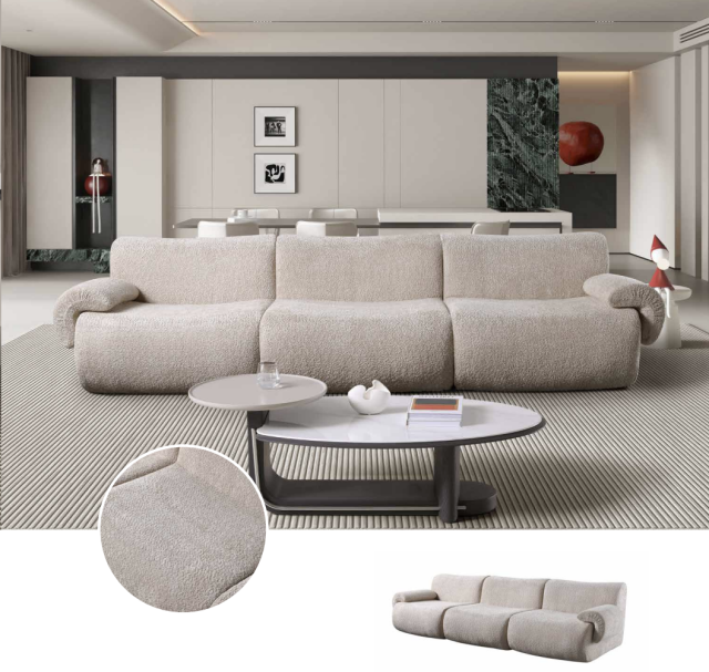 Canapé compressible incurvé 3 places H-058 en tissu bouclé pour projets professionnels | ComfPlus Furnishing