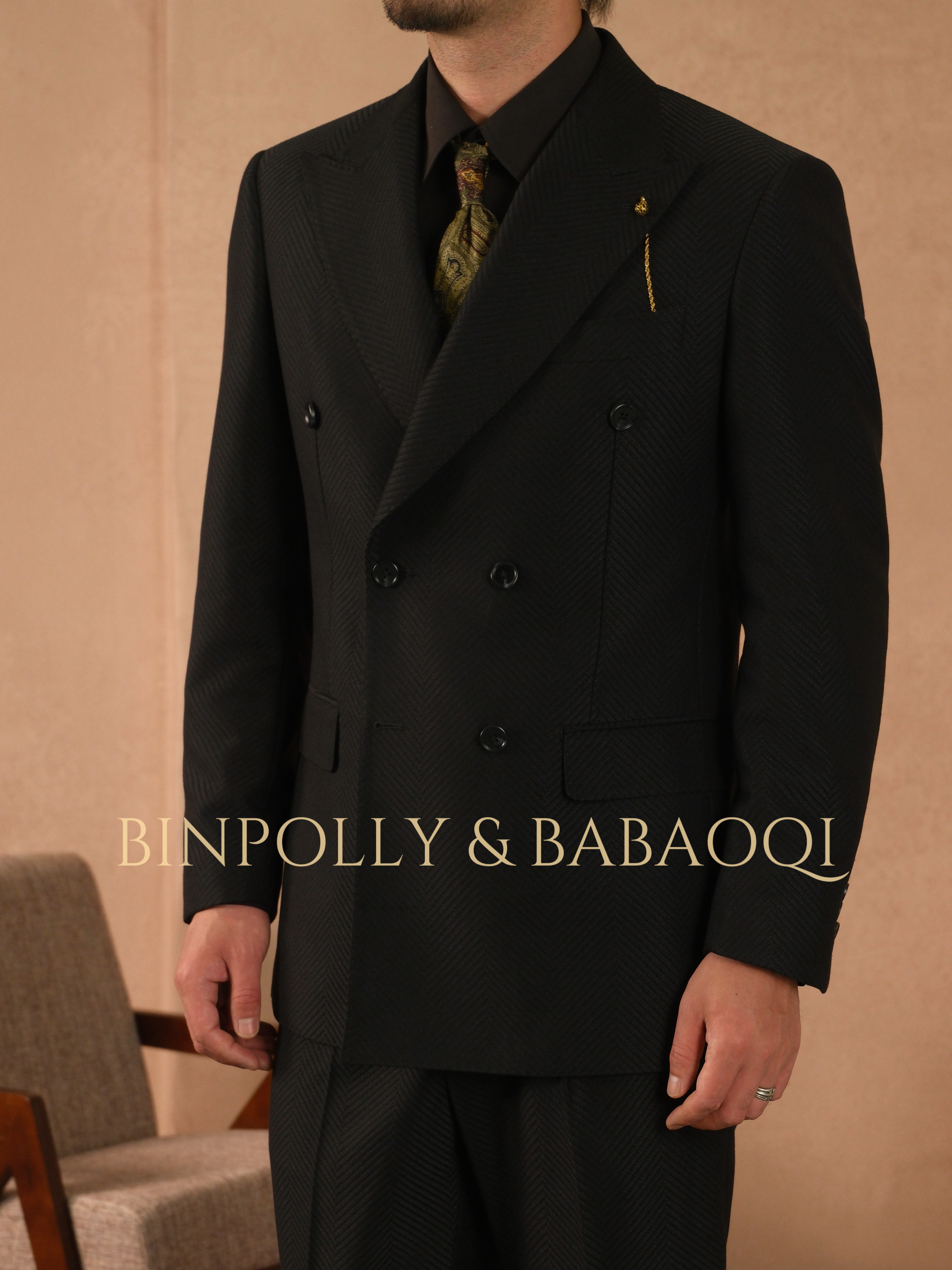 BINPOLLY - Black herringbone double-breasted suit set - Red lining matching design