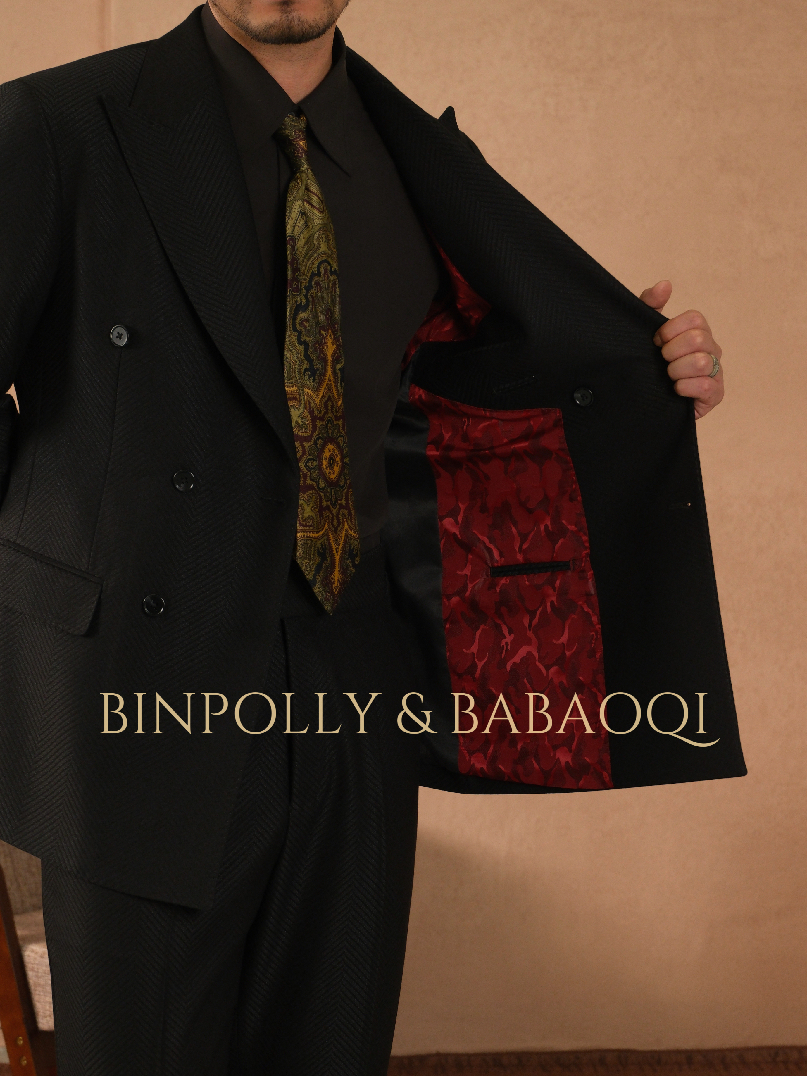 BINPOLLY - Black herringbone double-breasted suit set - Red lining matching design