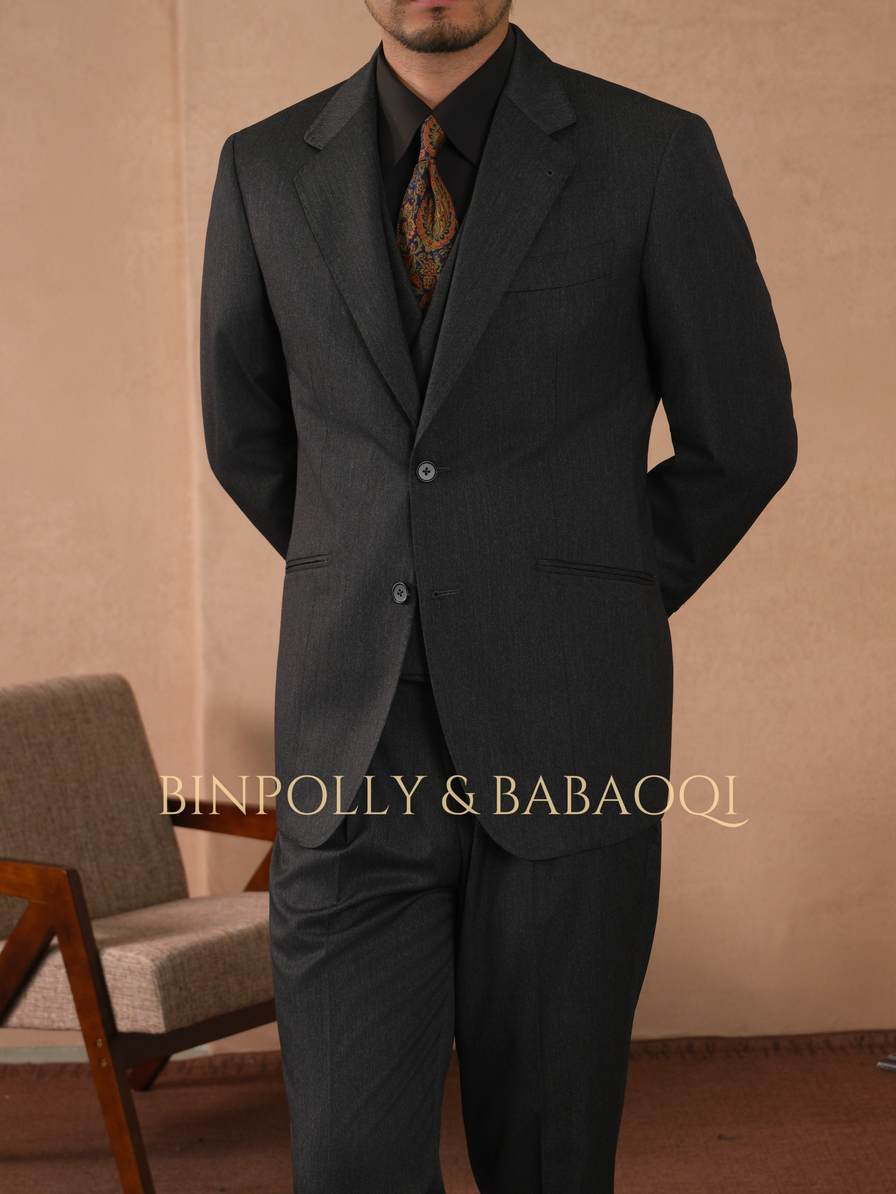 BINPOLLY - Charcoal Grey 3-Piece Suit - Notch Lapel Single-Breasted Formal Set with Double-Breasted Waistcoat