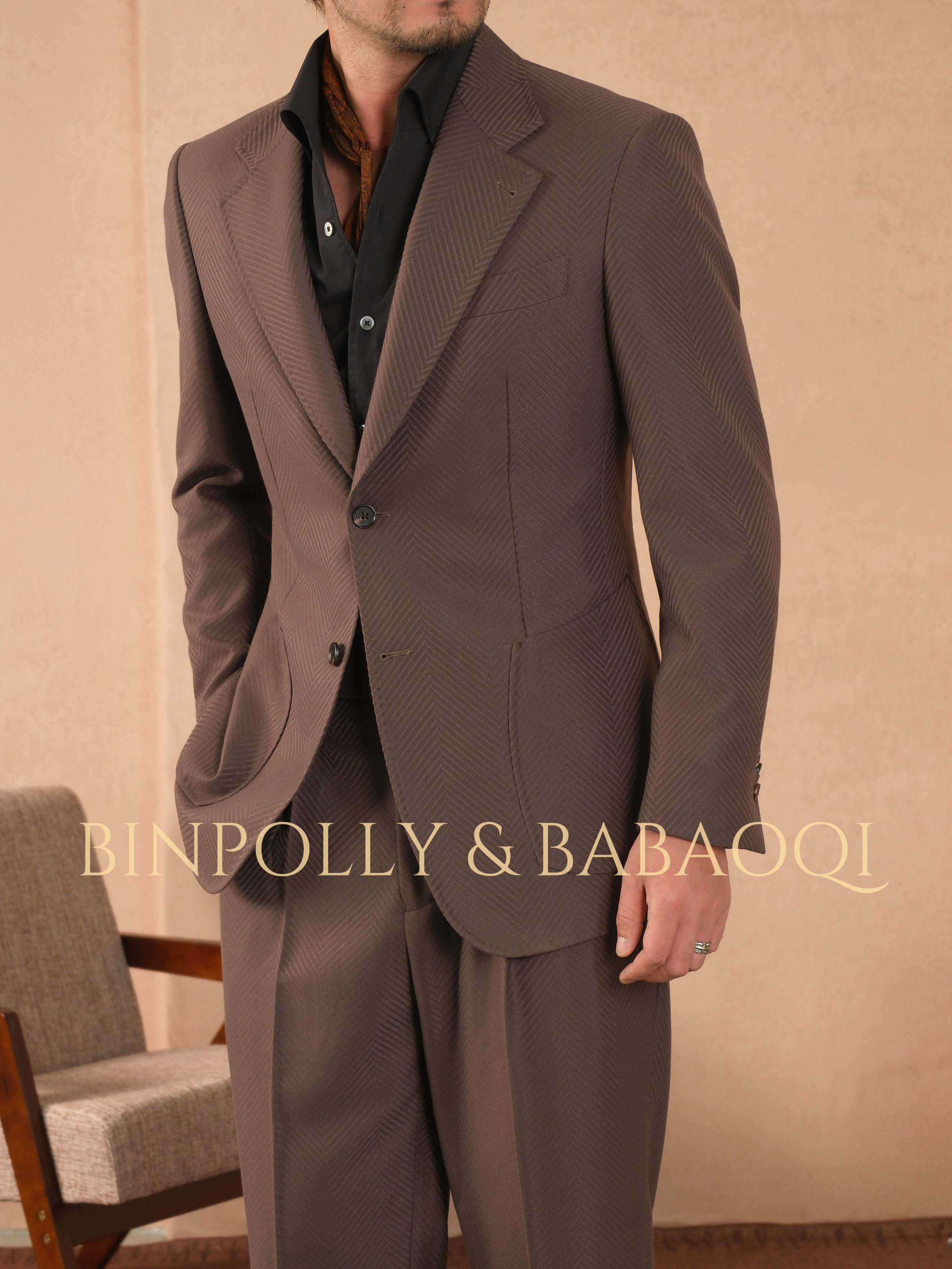 BINPOLLY - Herringbone 2-Piece Suit | Notch Lapel, Patch Pockets, Smart Casual & Office Wear Ready