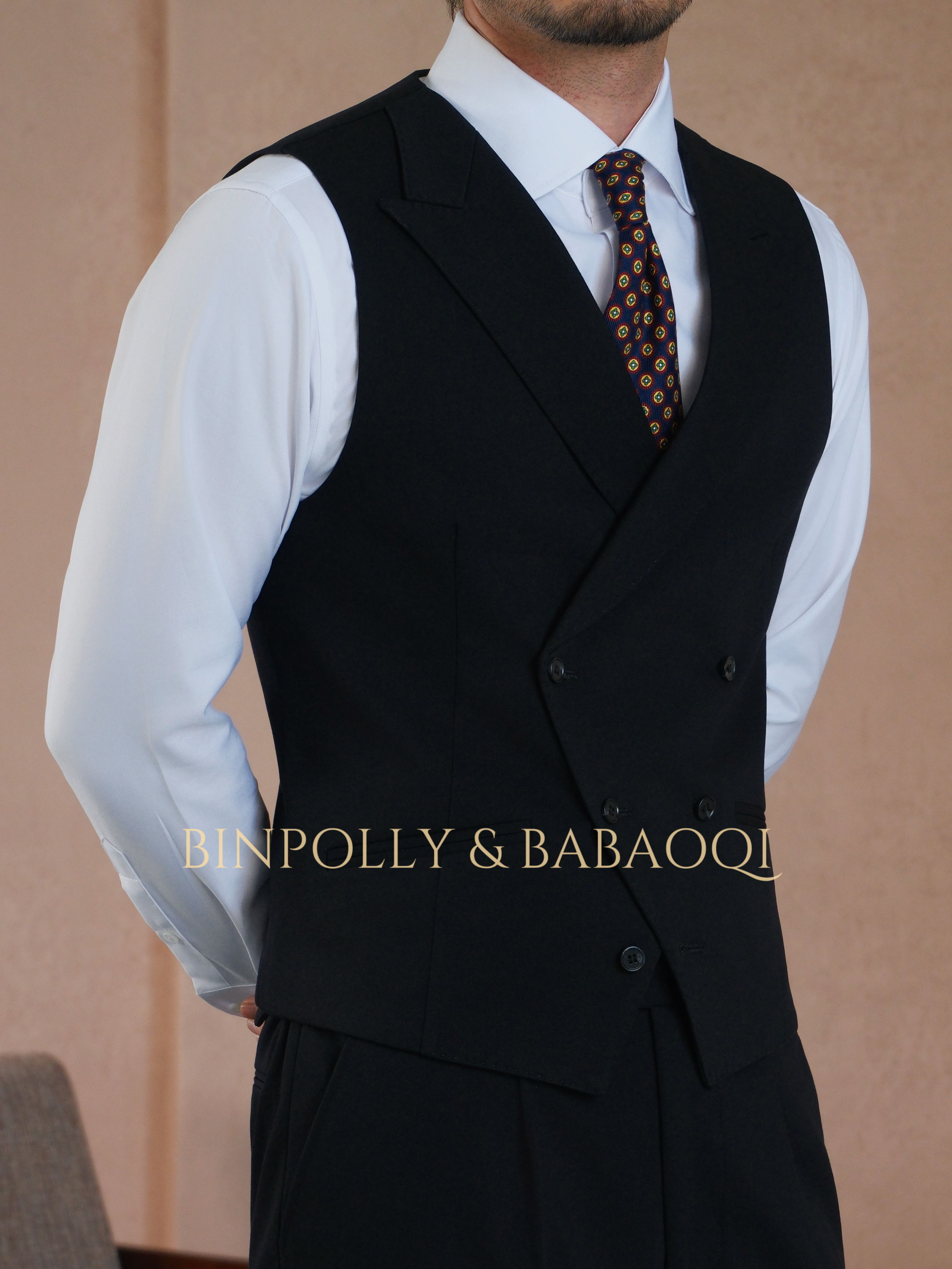 BINPOLLY - Peak Lapel Single-Breasted Formal Tuxedo with Double-Breasted Waistcoat