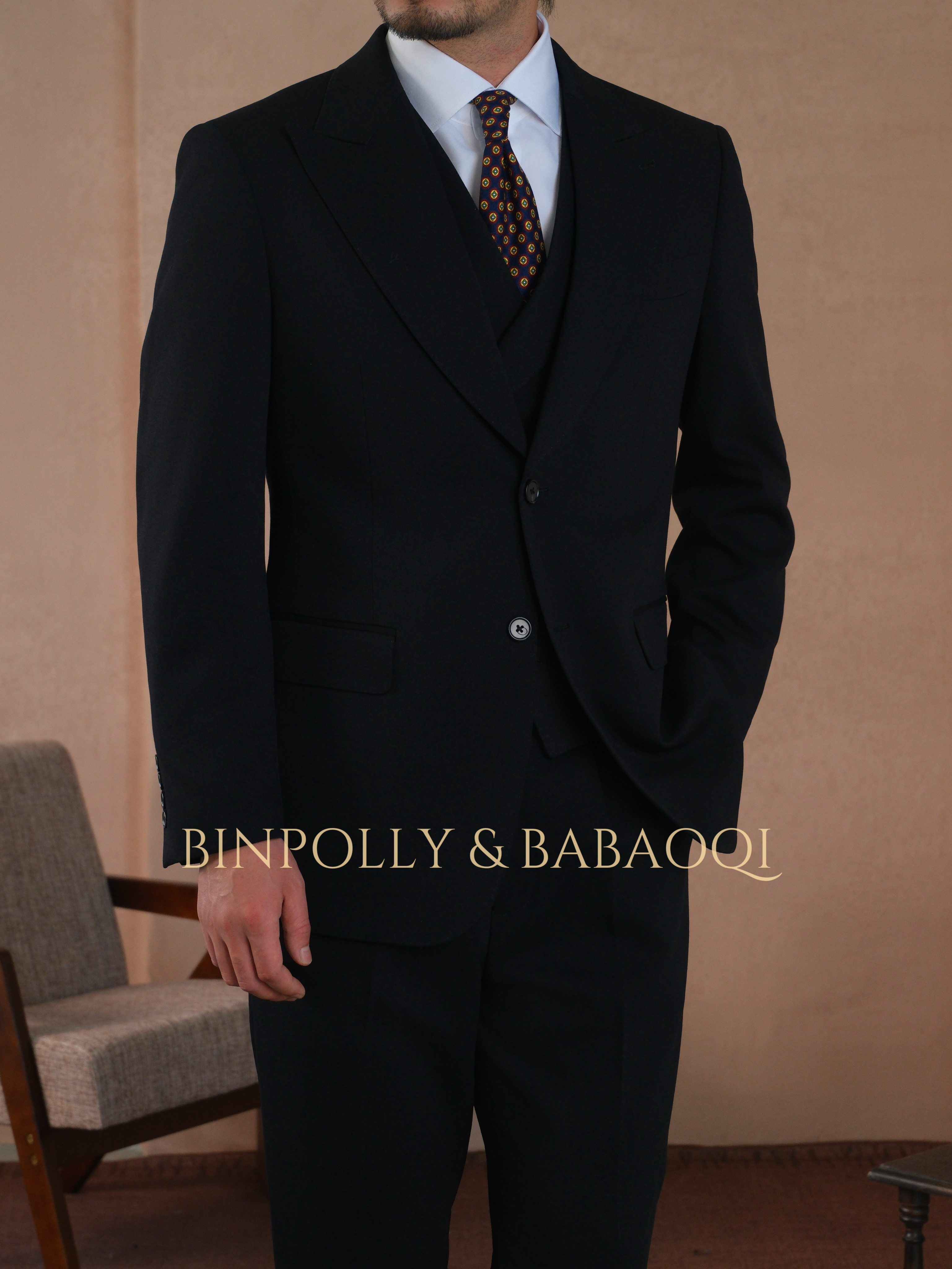 BINPOLLY - Peak Lapel Single-Breasted Formal Tuxedo with Double-Breasted Waistcoat