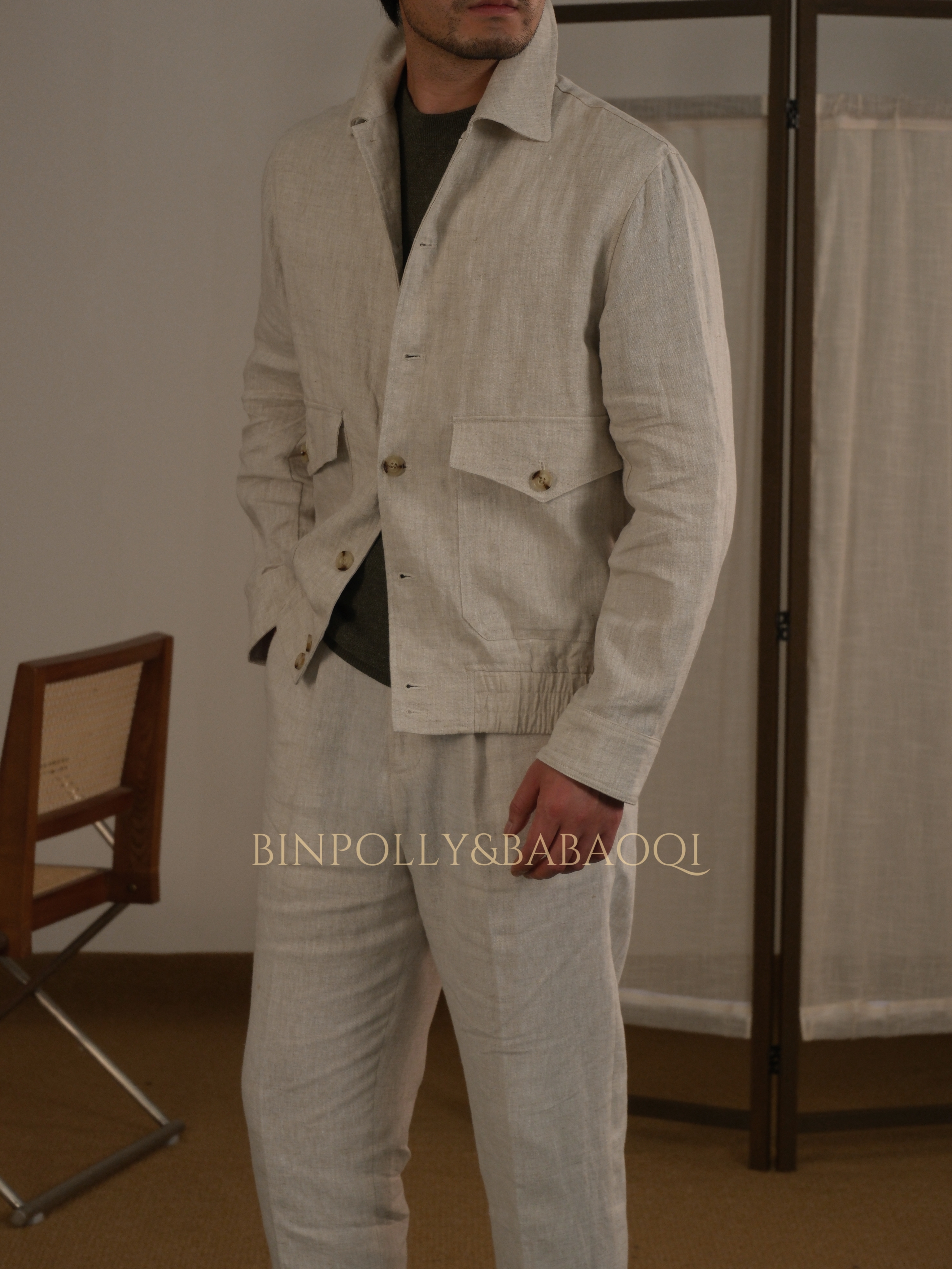 BABAOQI - Men's 100% Linen Bomber Jacket & Trousers Set