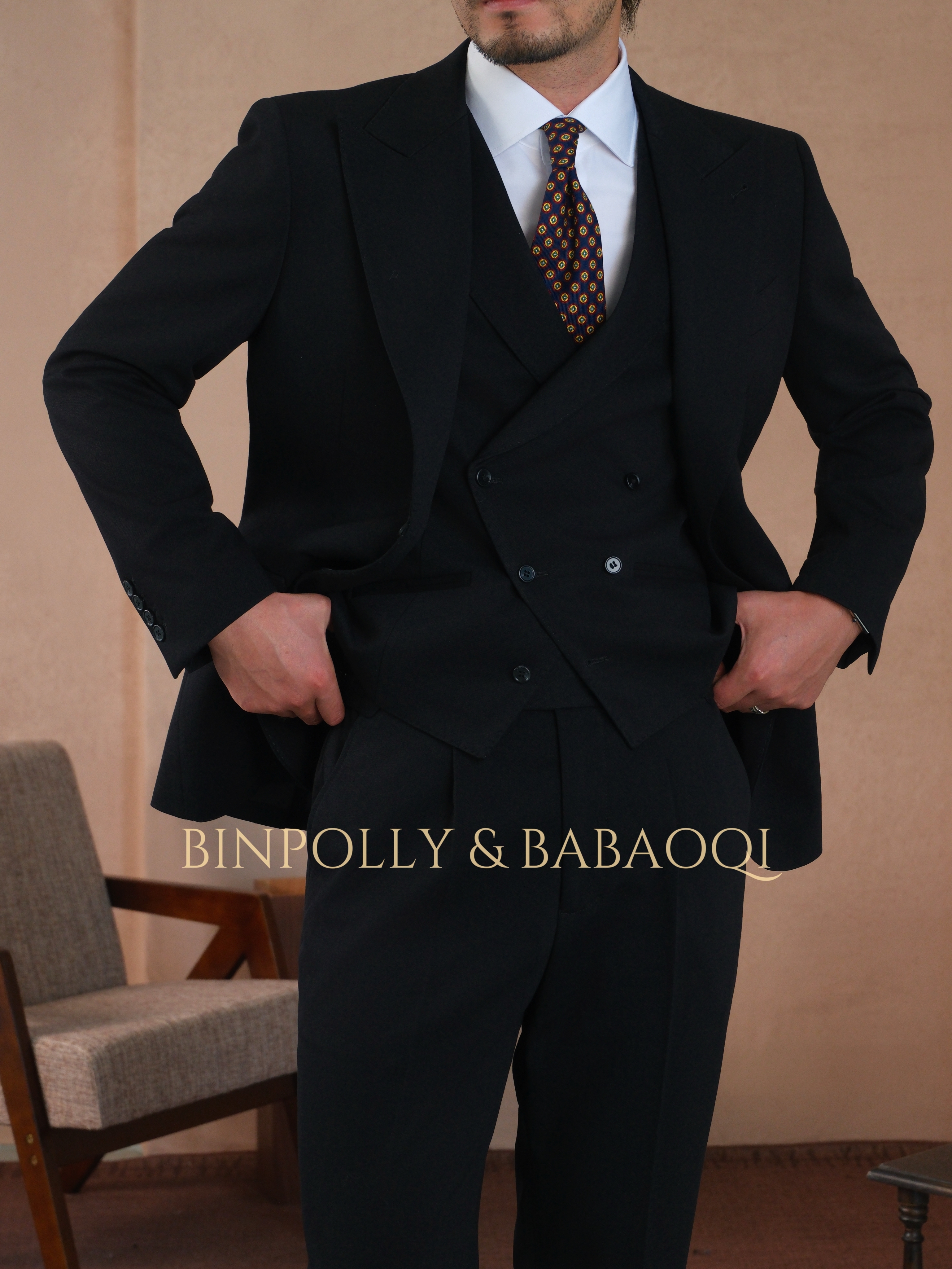 BINPOLLY - Peak Lapel Single-Breasted Formal Tuxedo with Double-Breasted Waistcoat