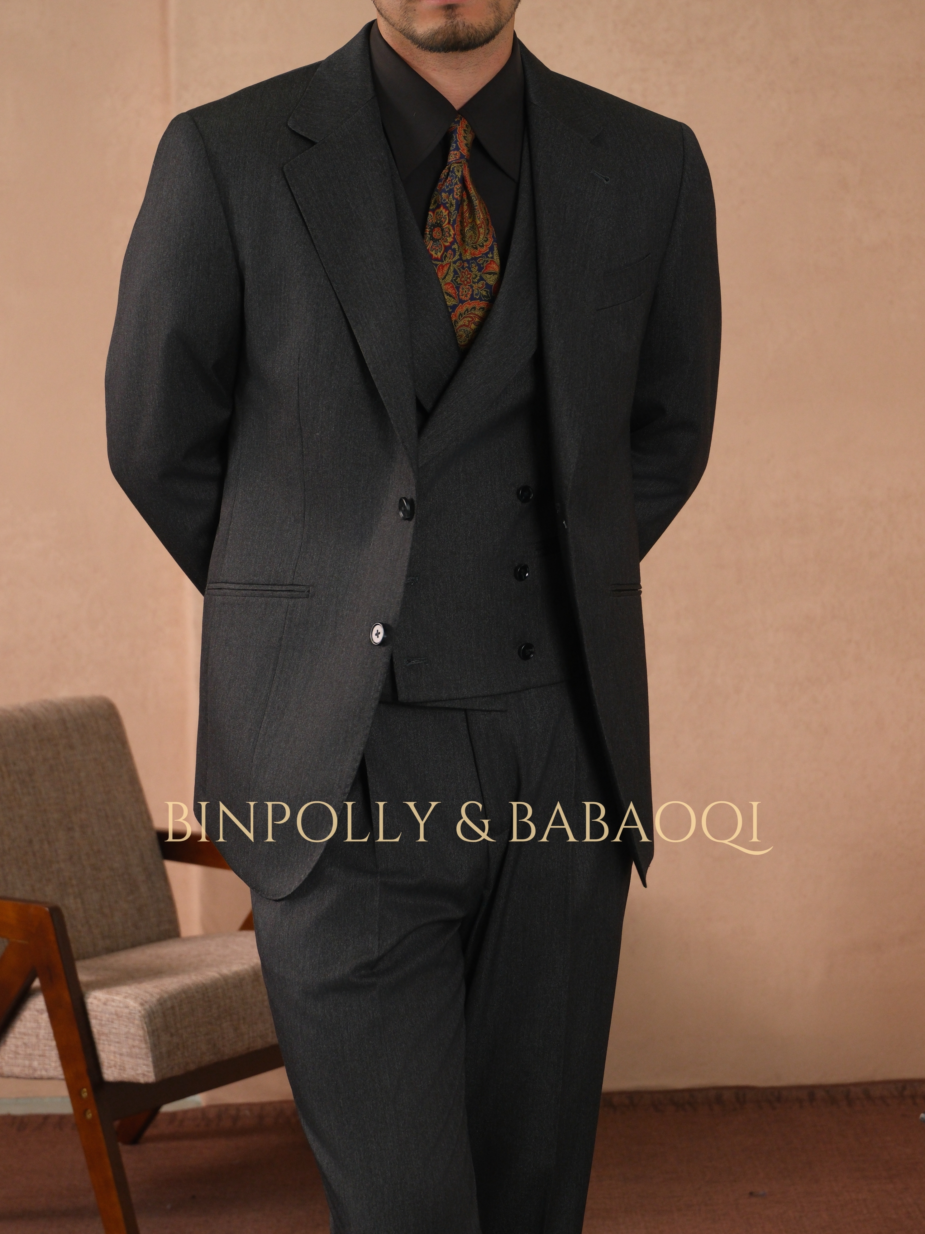 BINPOLLY - Charcoal Grey 3-Piece Suit - Notch Lapel Single-Breasted Formal Set with Double-Breasted Waistcoat
