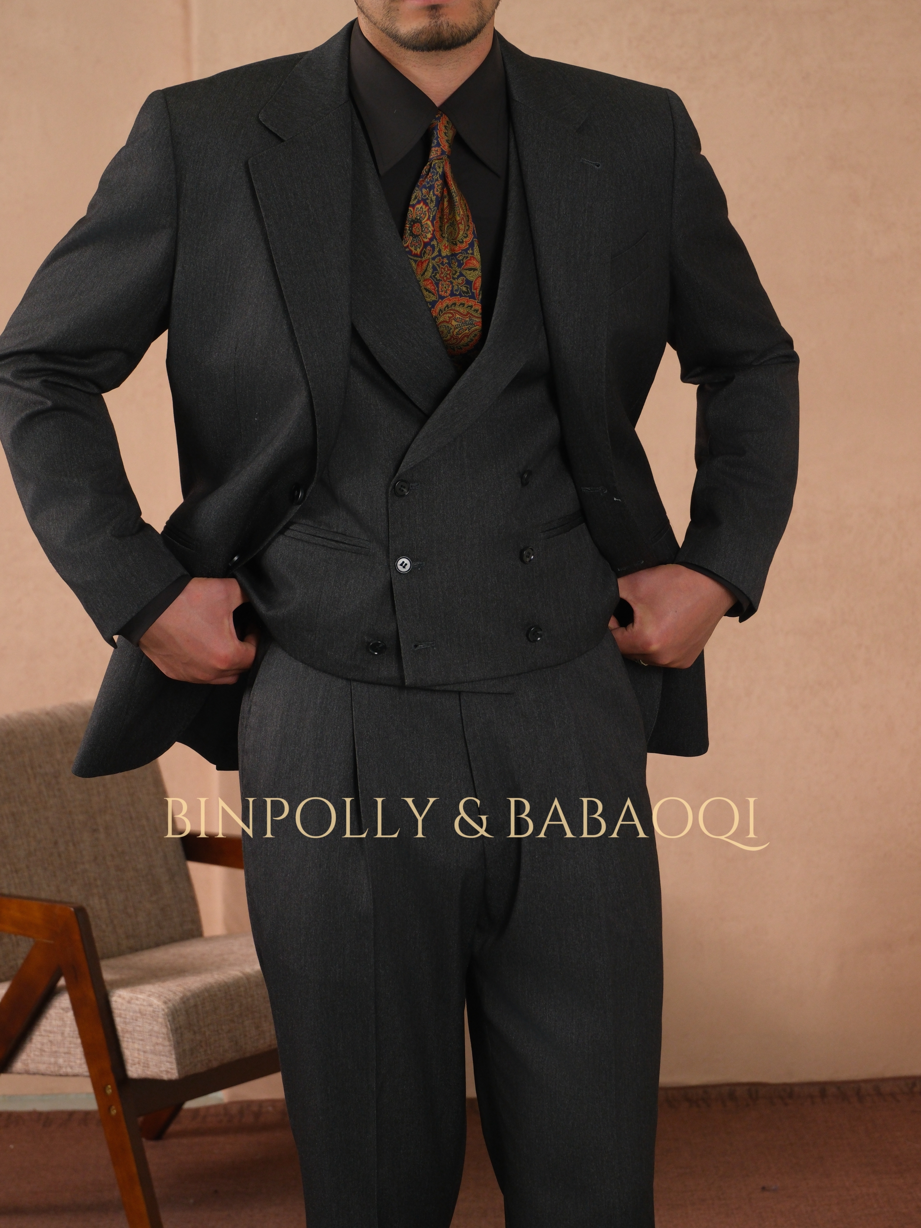 BINPOLLY - Charcoal Grey 3-Piece Suit - Notch Lapel Single-Breasted Formal Set with Double-Breasted Waistcoat