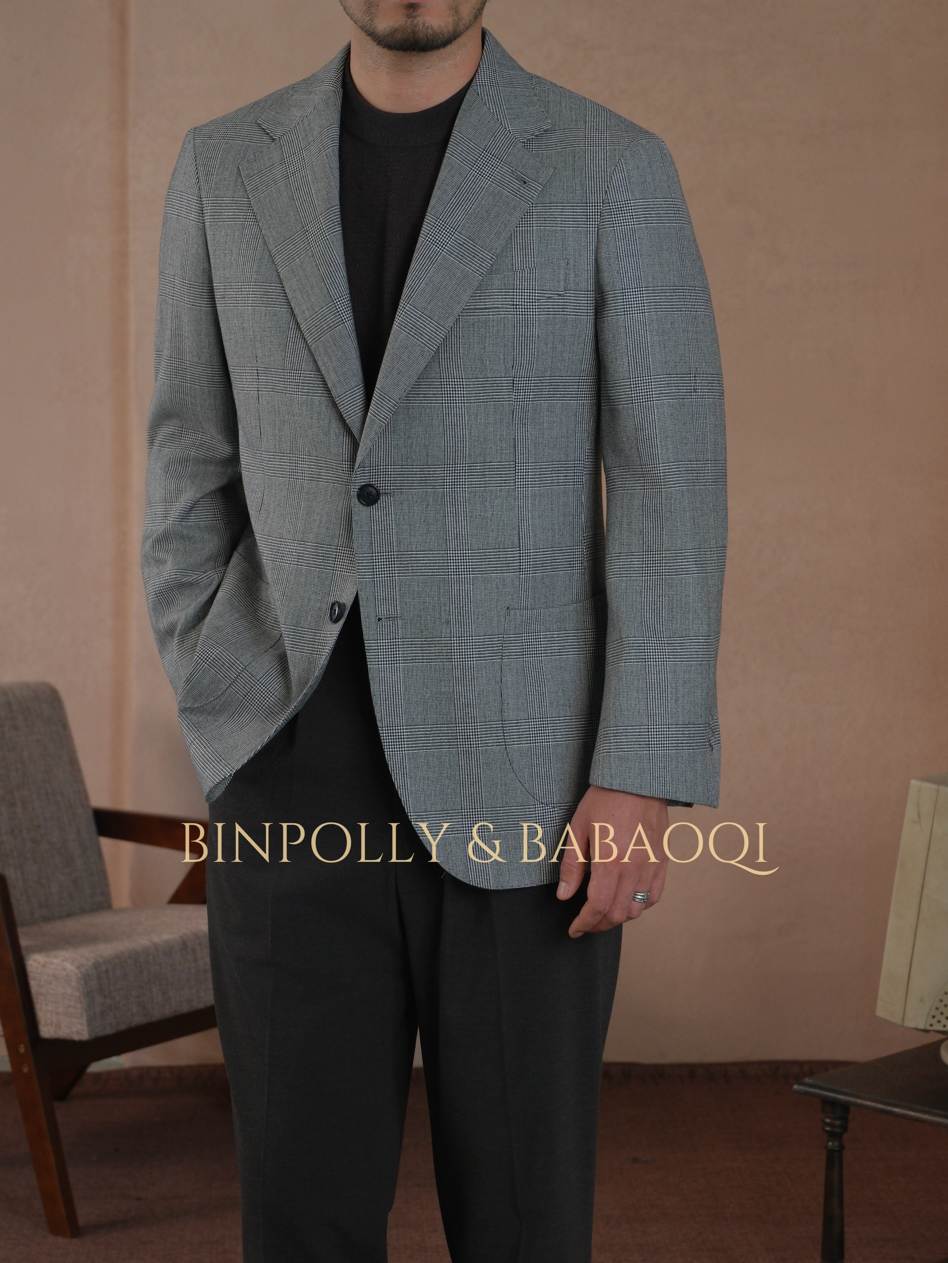 BINPOLLY - Men's 50% Wool Glen Plaid Italian-style suit