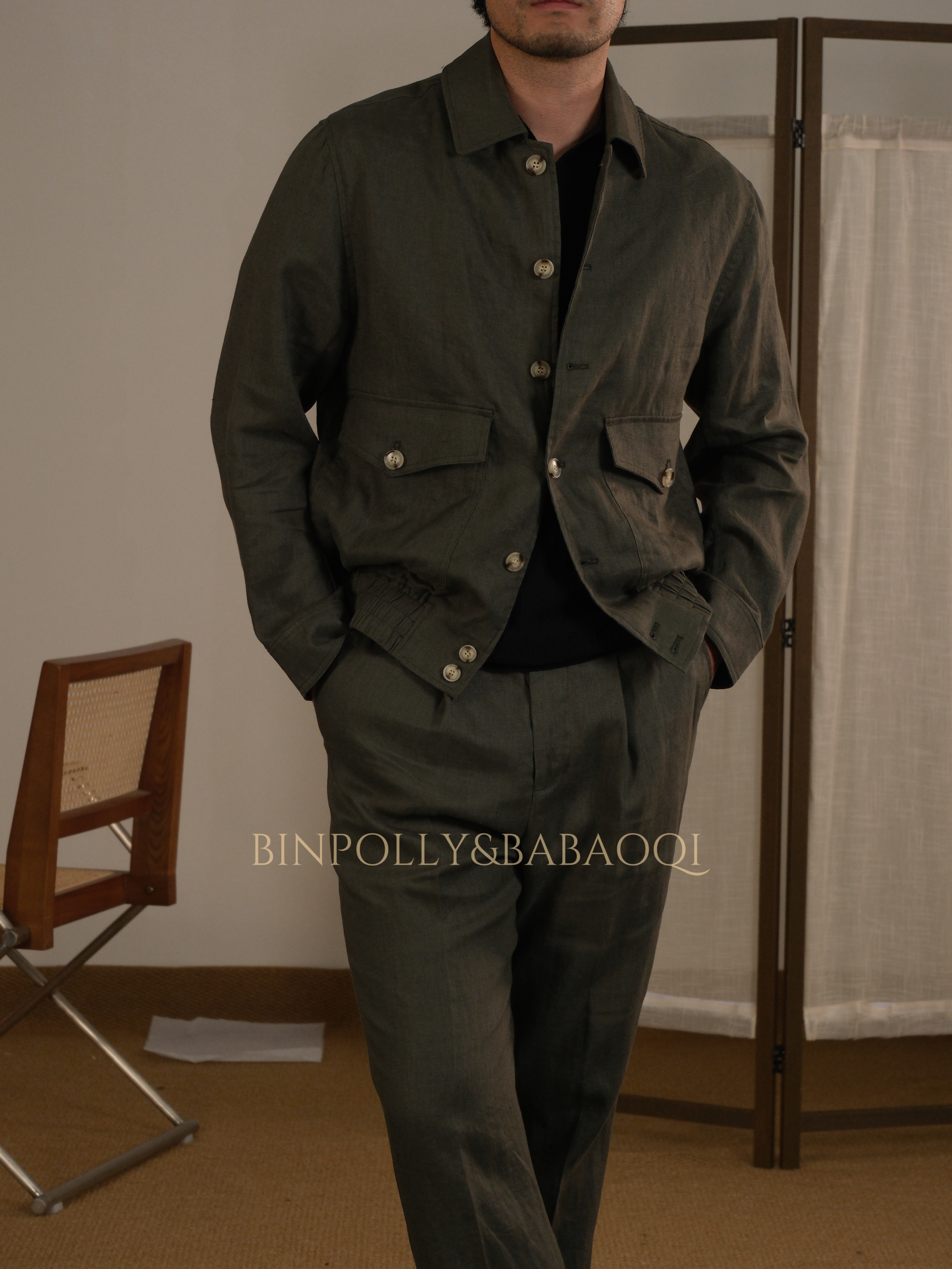 BABAOQI - Men's 100% Linen Bomber Jacket & Trousers Set