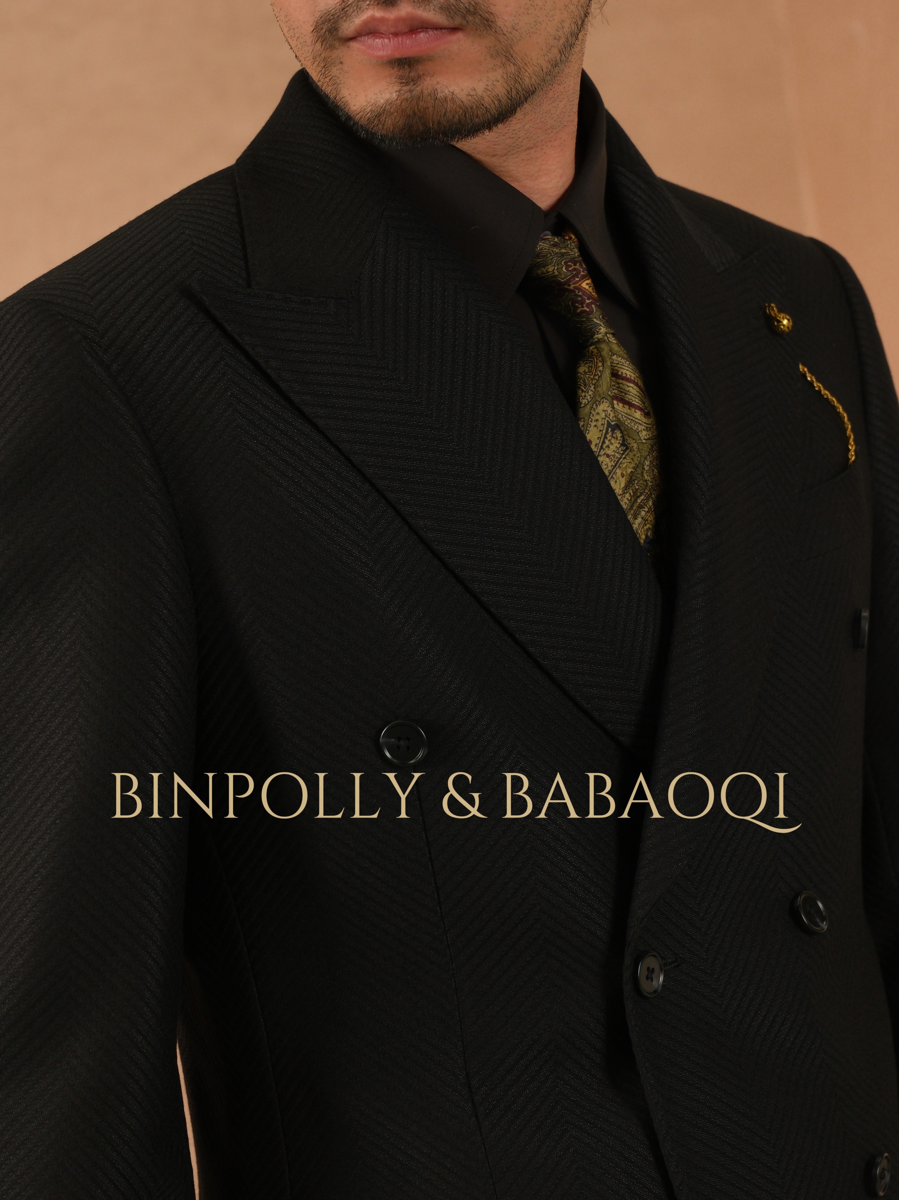BINPOLLY - Black herringbone double-breasted suit set - Red lining matching design