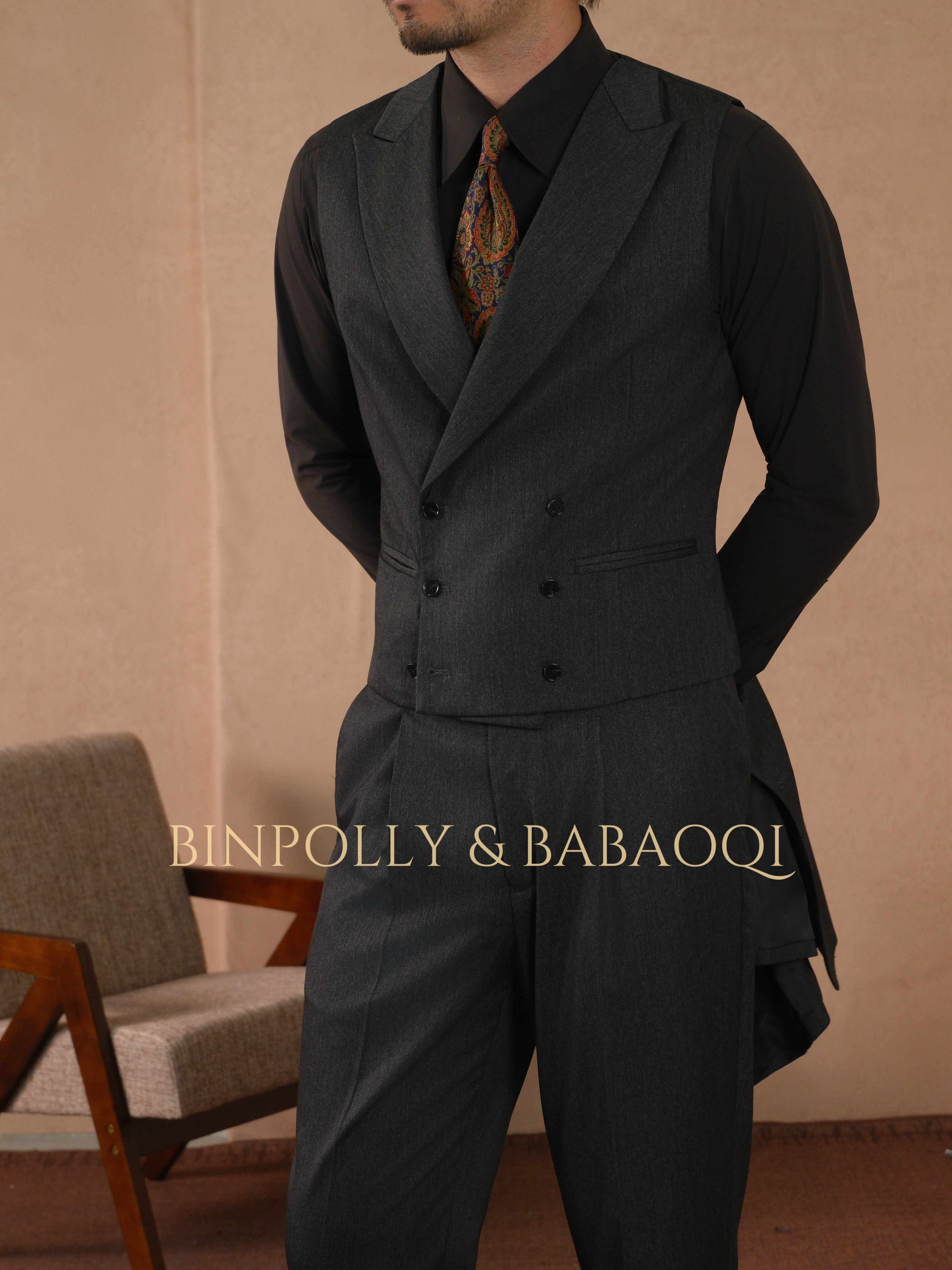 BINPOLLY - Charcoal Grey 3-Piece Suit - Notch Lapel Single-Breasted Formal Set with Double-Breasted Waistcoat