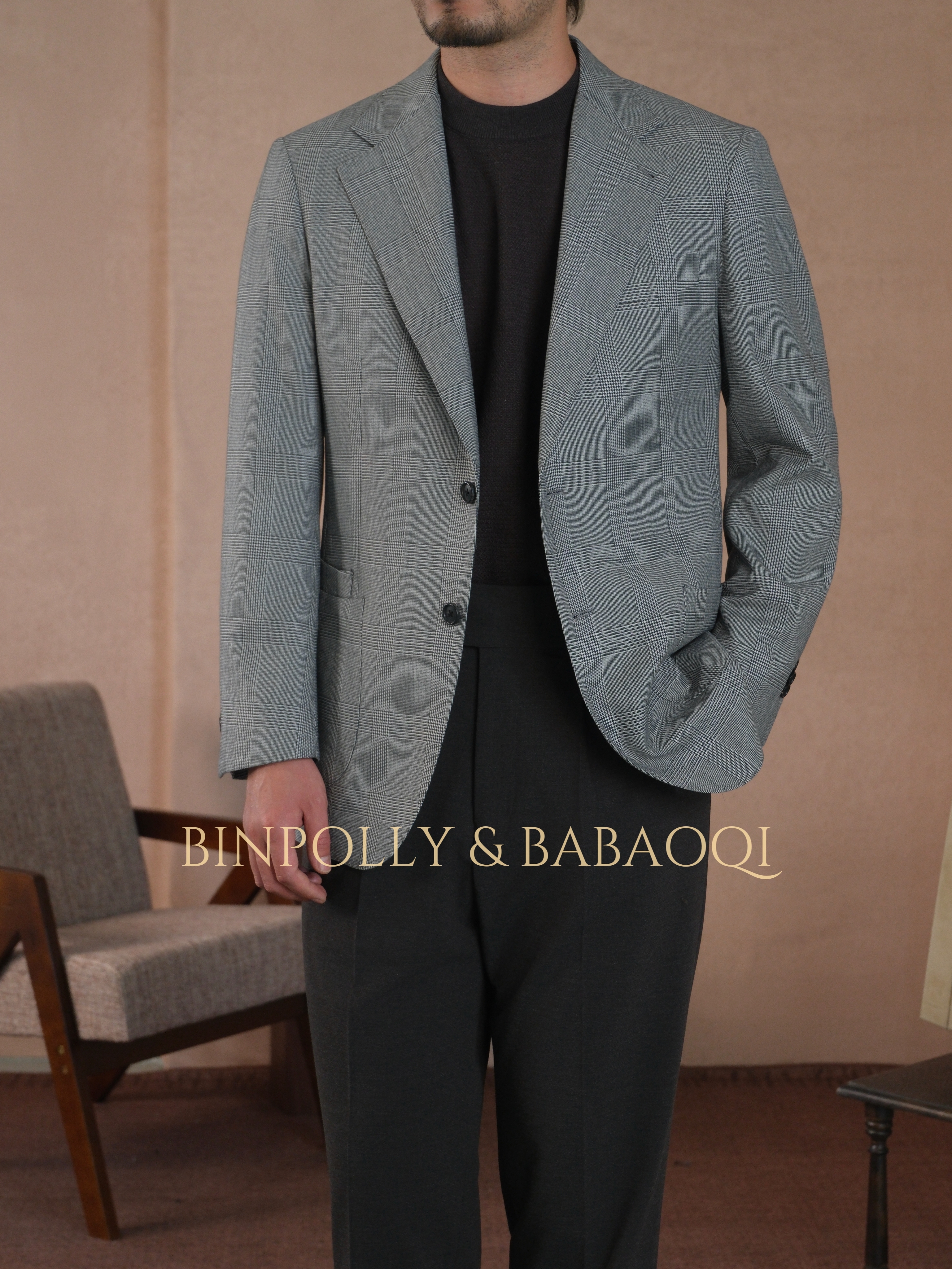 BINPOLLY - Men's 50% Wool Glen Plaid Italian-style suit