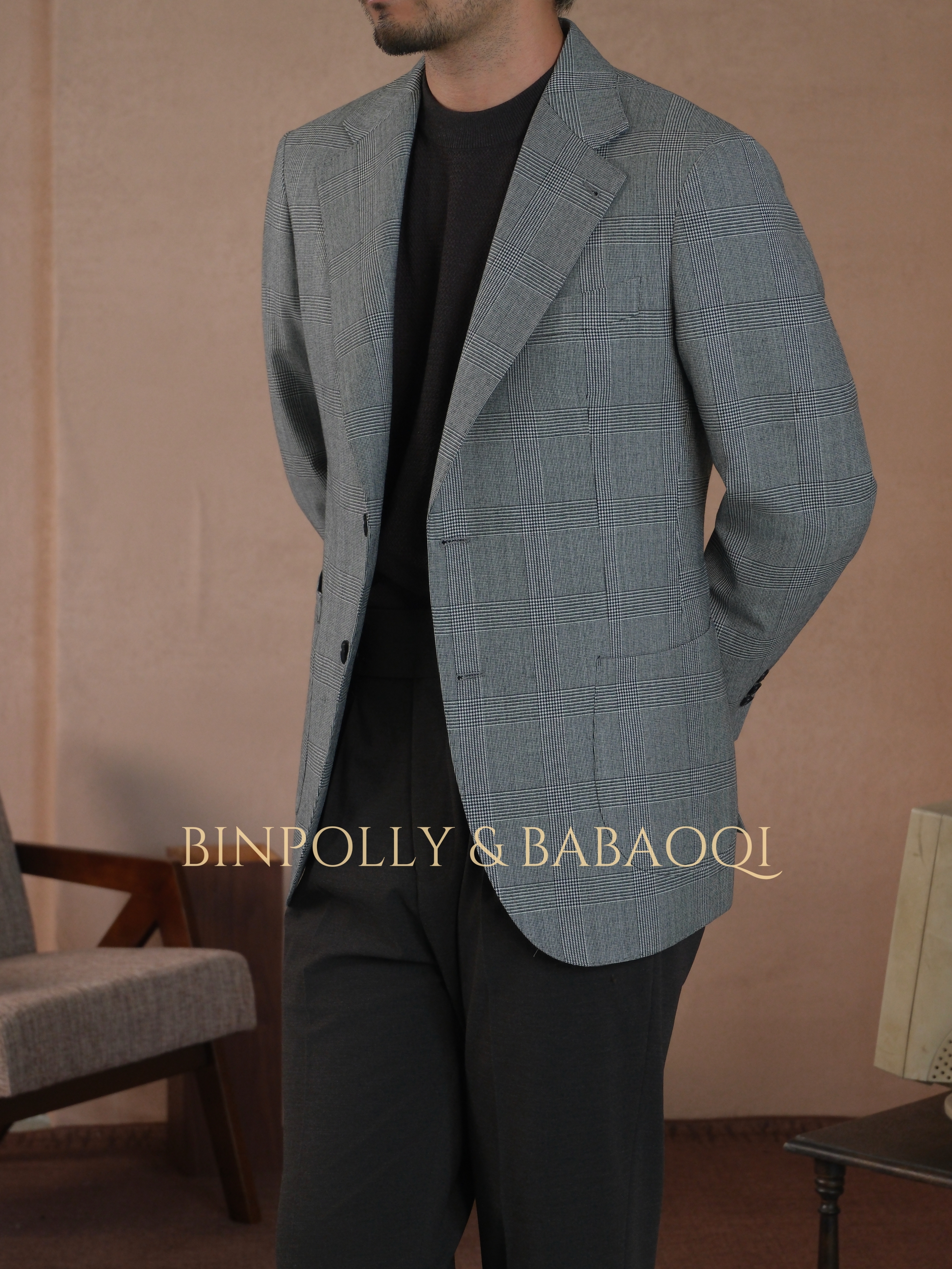BINPOLLY - Men's 50% Wool Glen Plaid Italian-style suit