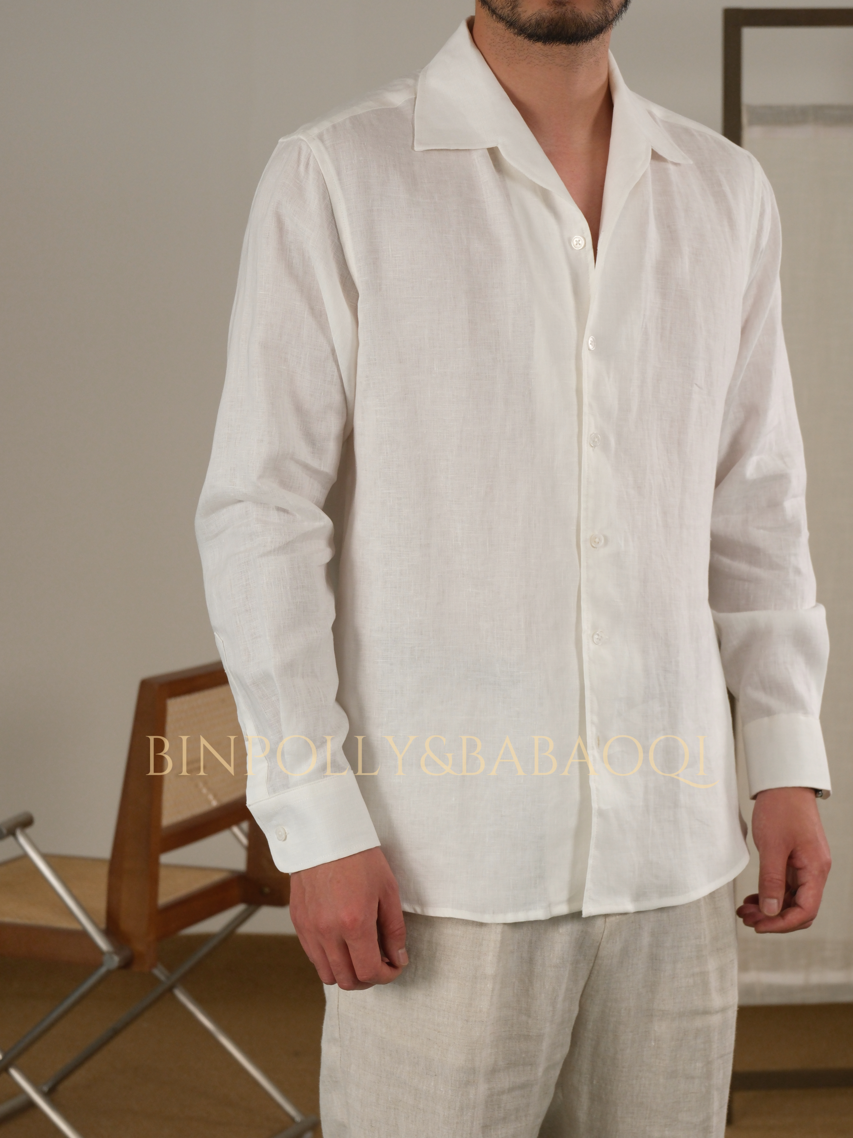 BINPOLLY - 100% Linen Cuban Collar Long Sleeve Shirt - Casual Summer Button-Down