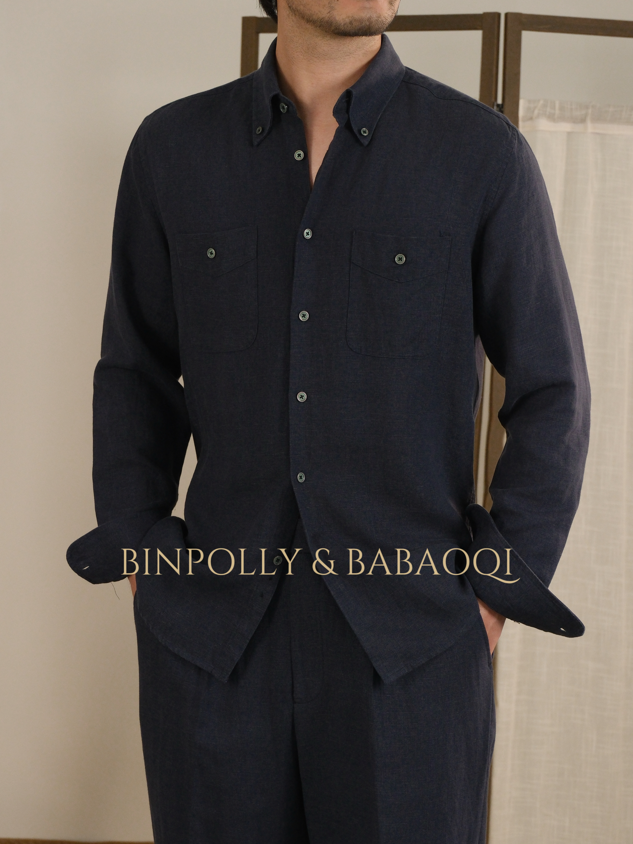 BABAOQI - Men's Tencel Linen Blend Button-Down with Dual Chest Pockets Shirt & Trousers Set