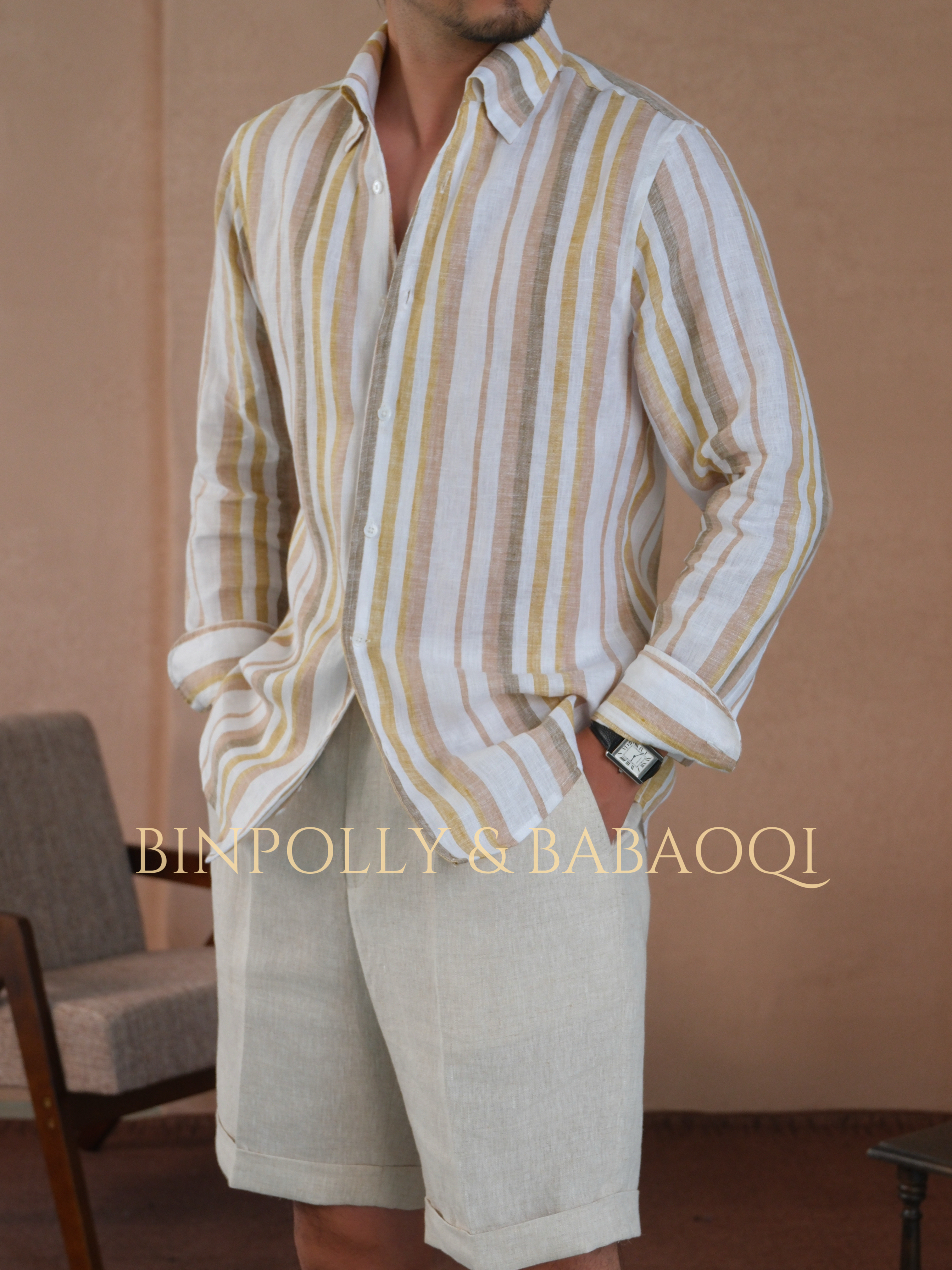 BINPOLLY - 100% Linen Striped Shirt - One Piece Collar Long Sleeve Casual Summer Shirt
