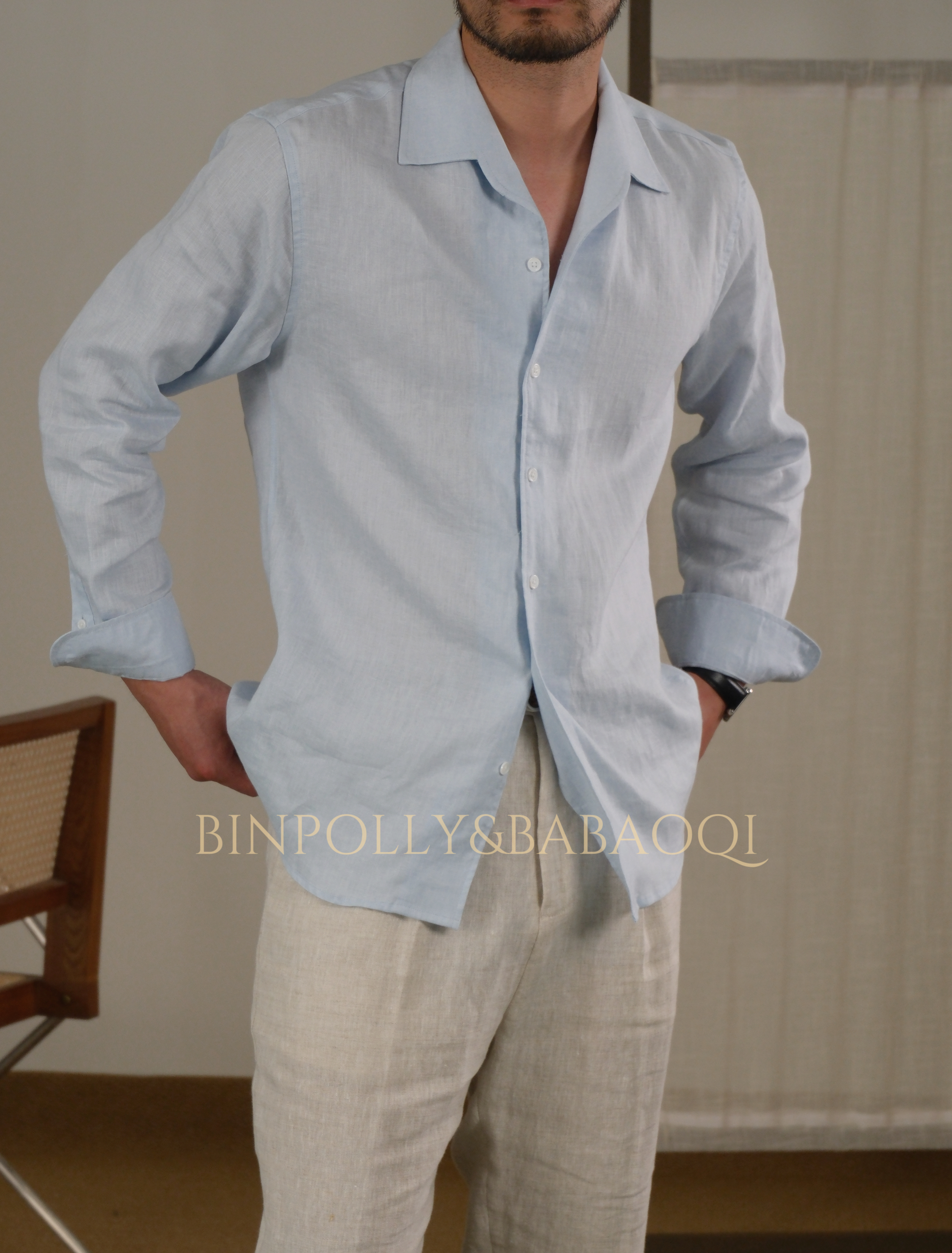 BINPOLLY - 100% Linen Cuban Collar Long Sleeve Shirt - Casual Summer Button-Down