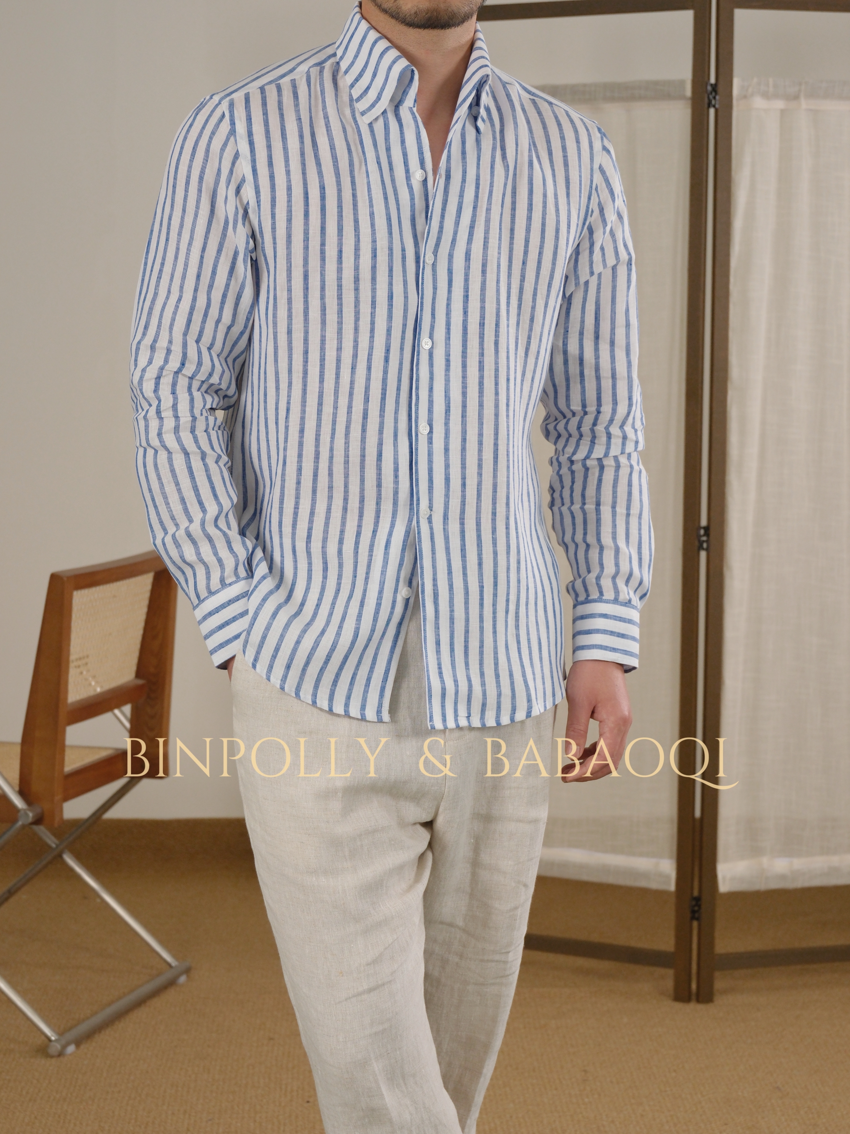 BINPOLLY - Men's Linen Striped Shirt - One Piece Collar Summer Casual Top