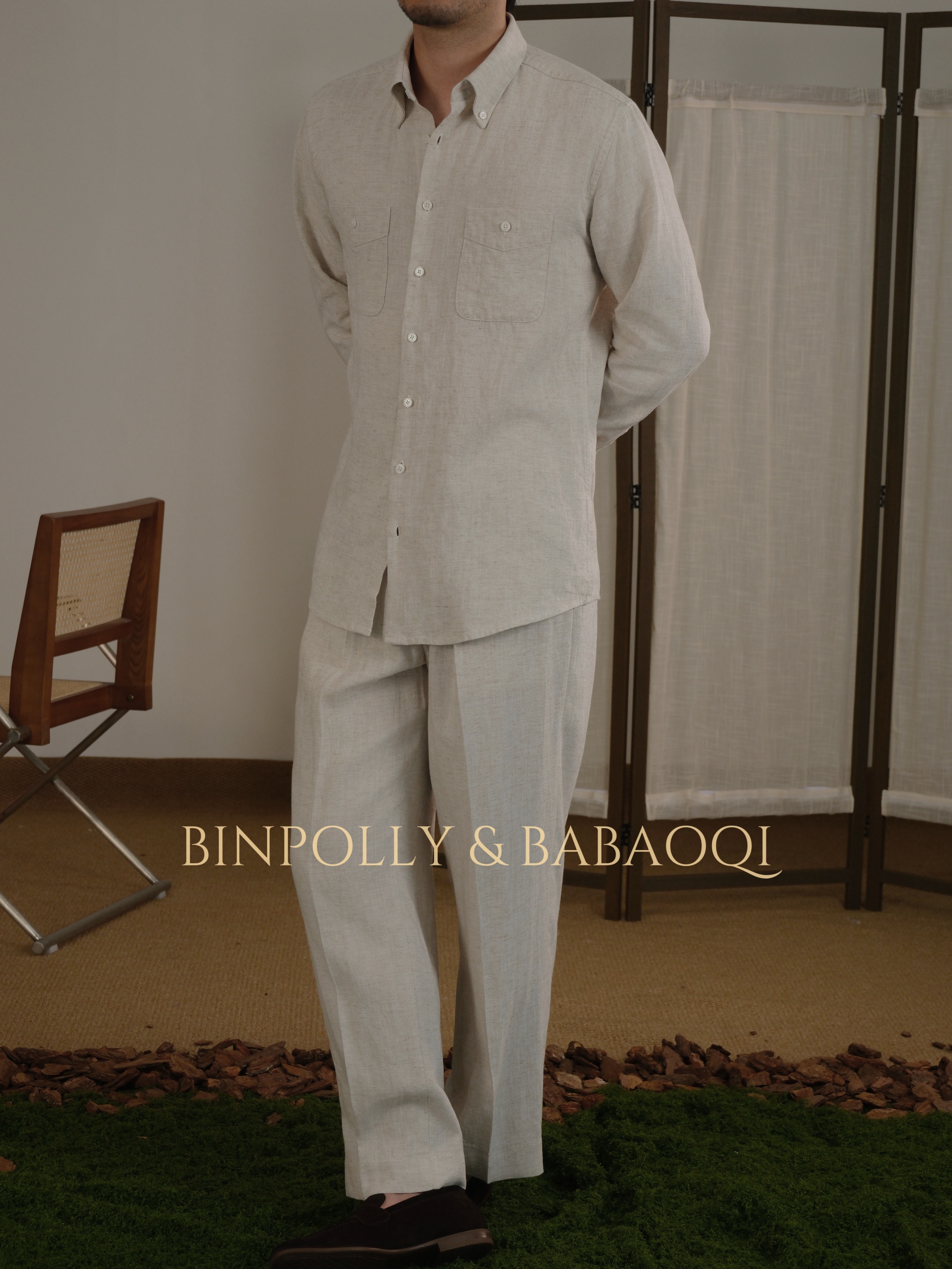 BABAOQI - Men's Tencel Linen Blend Button-Down with Dual Chest Pockets Shirt & Trousers Set