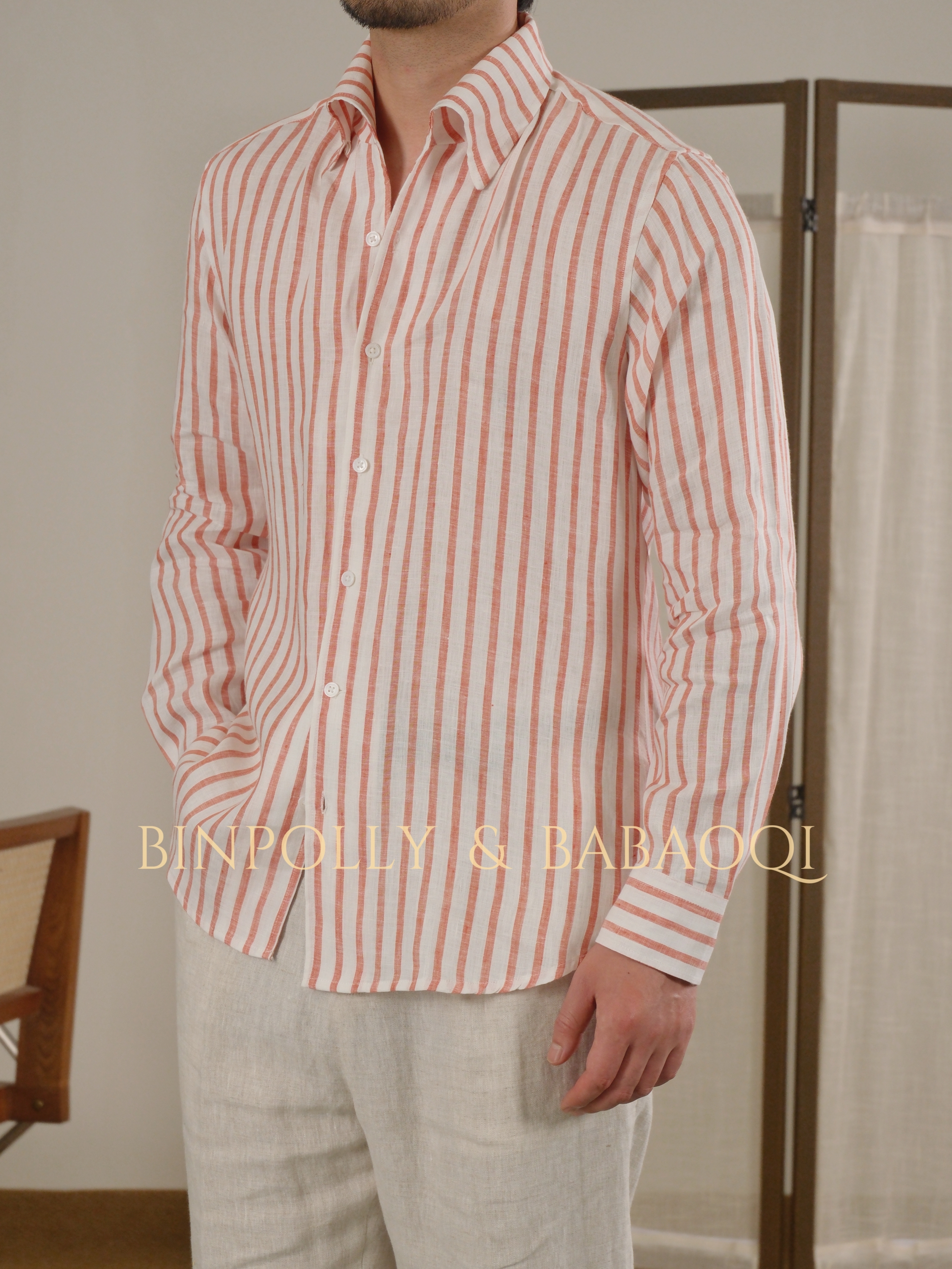 BINPOLLY - Men's Linen Striped Shirt - One Piece Collar Summer Casual Top