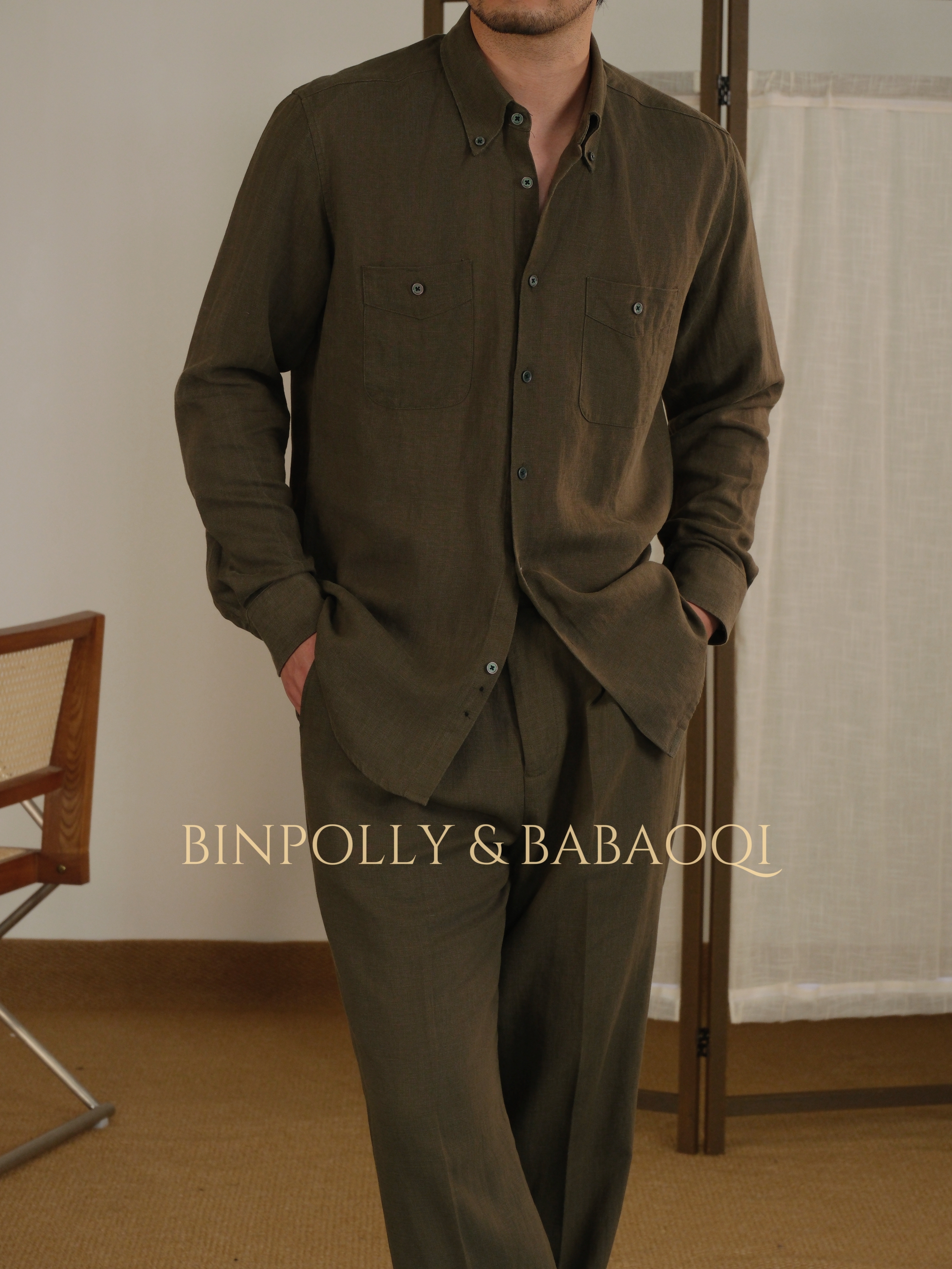 BABAOQI - Men's Tencel Linen Blend Button-Down with Dual Chest Pockets Shirt & Trousers Set