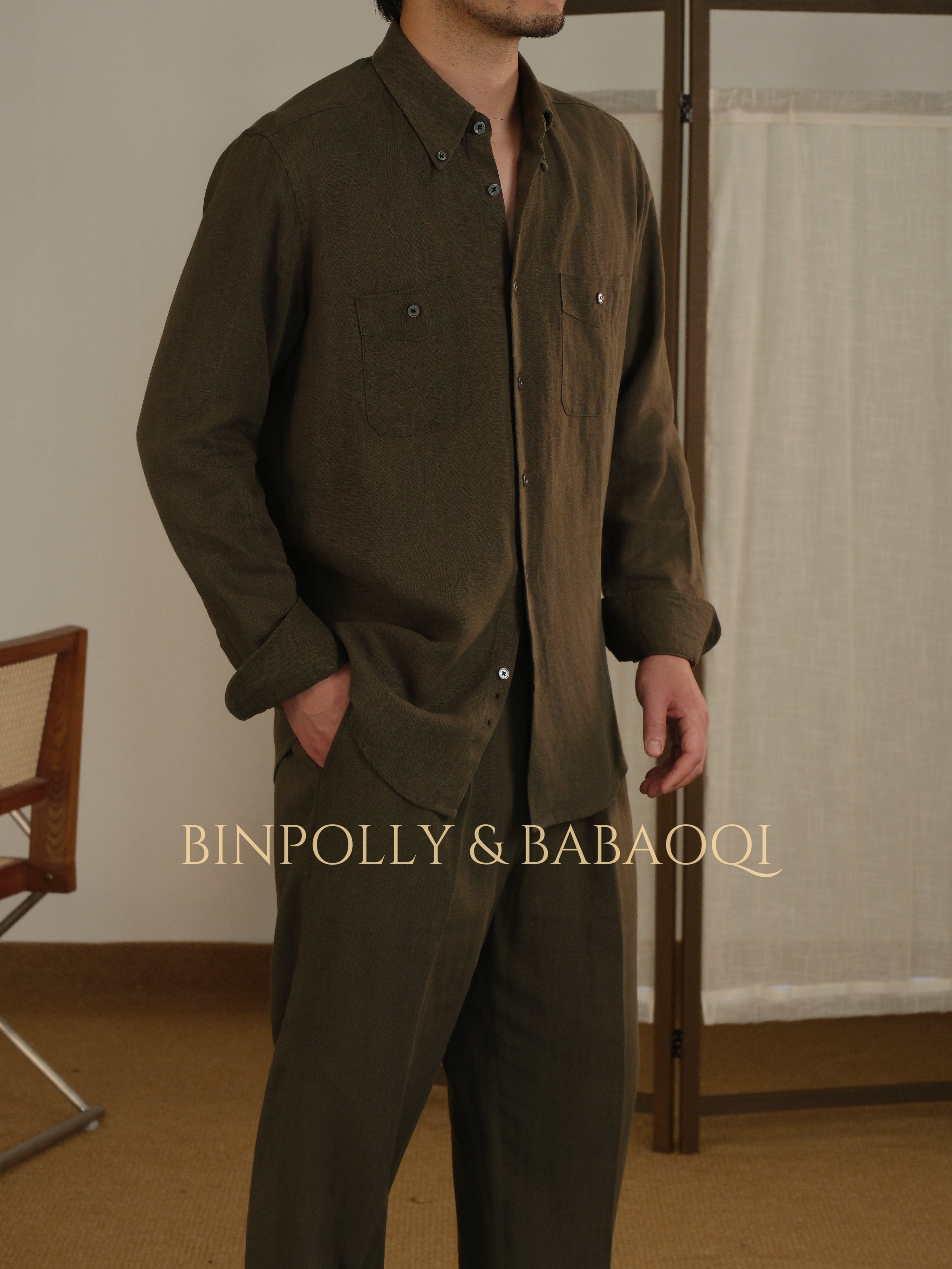 BABAOQI - Men's Tencel Linen Blend Button-Down with Dual Chest Pockets Shirt & Trousers Set