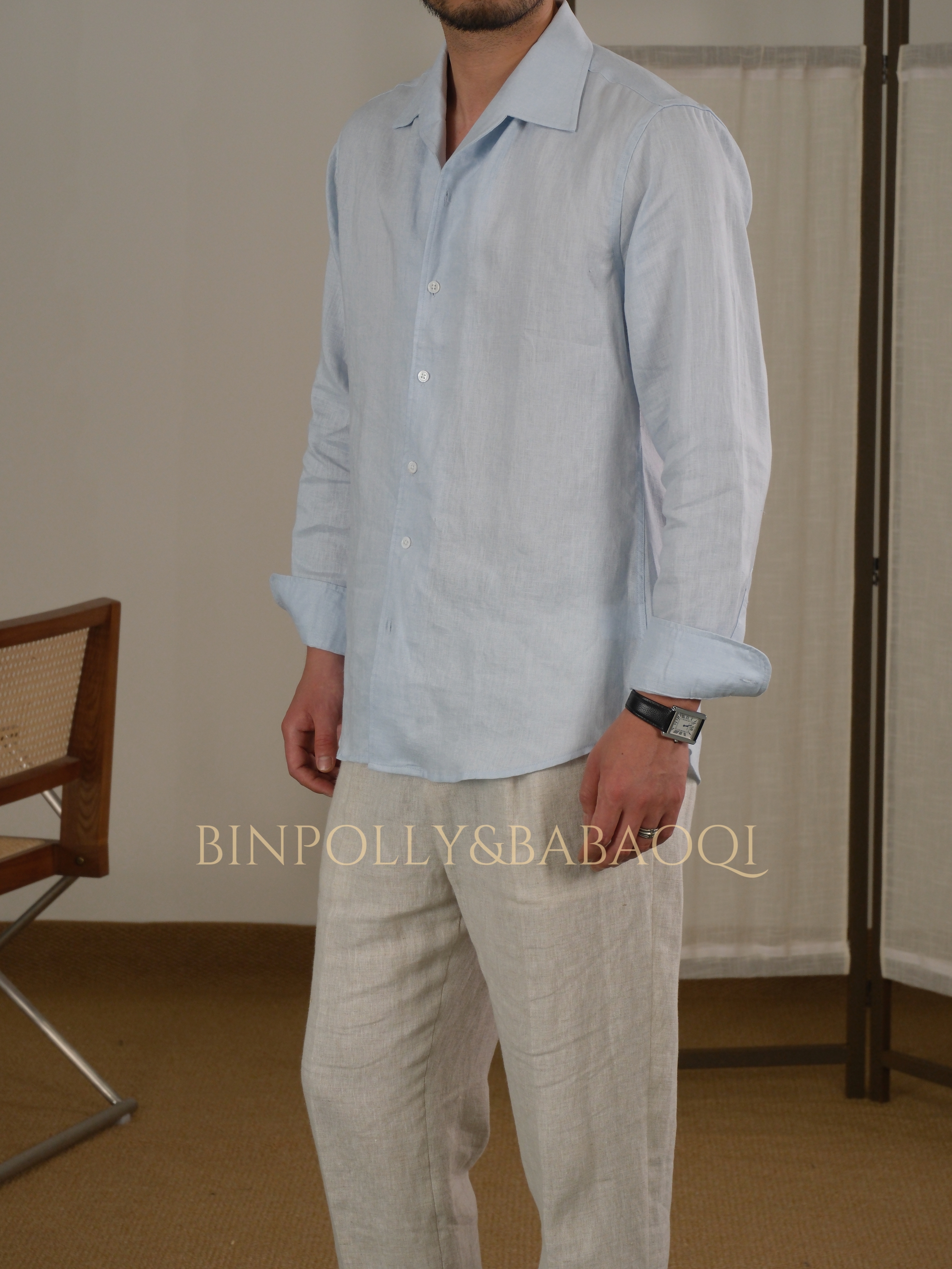 BINPOLLY - 100% Linen Cuban Collar Long Sleeve Shirt - Casual Summer Button-Down