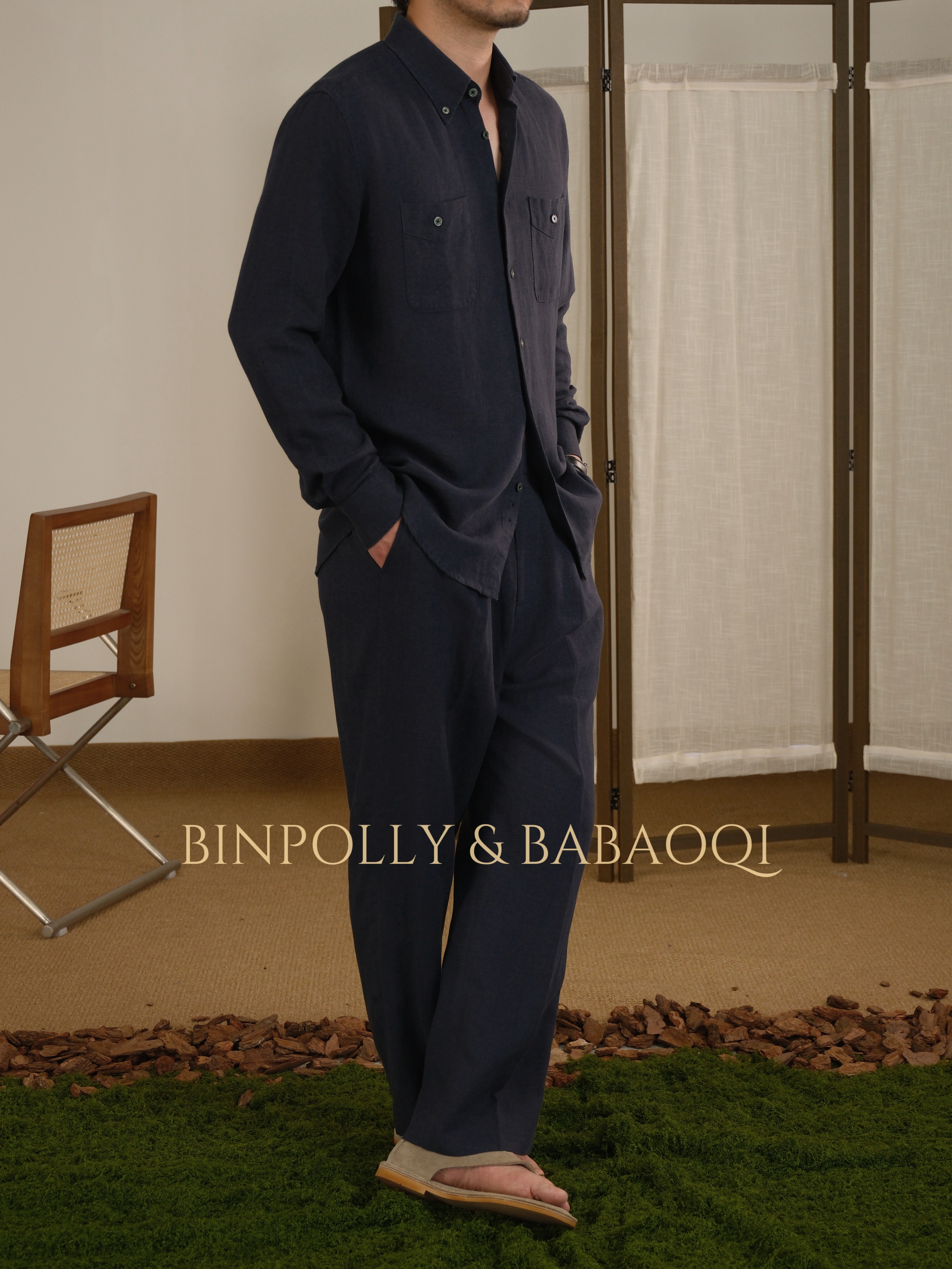 BABAOQI - Men's Tencel Linen Blend Button-Down with Dual Chest Pockets Shirt & Trousers Set