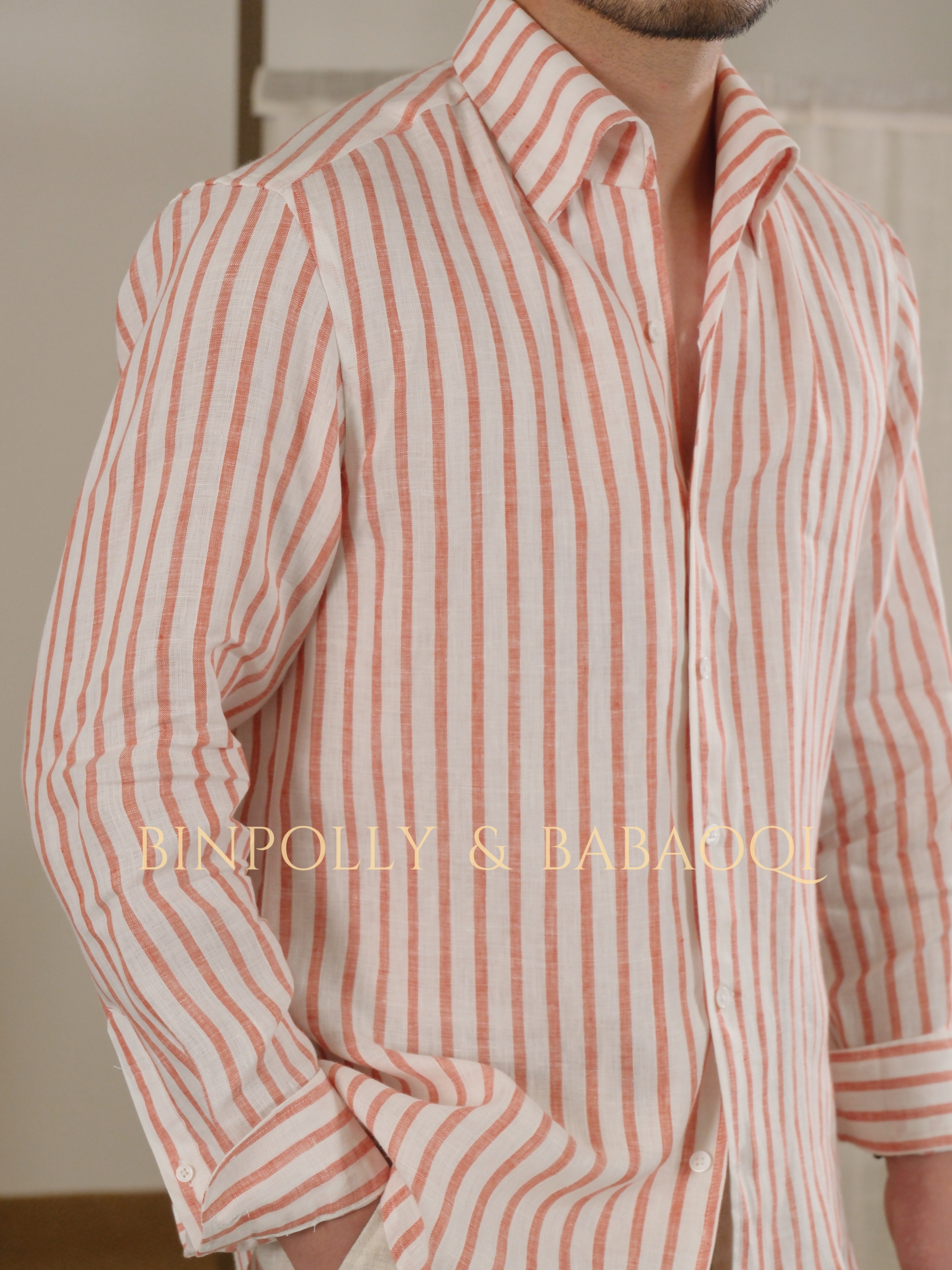 BINPOLLY - Men's Linen Striped Shirt - One Piece Collar Summer Casual Top