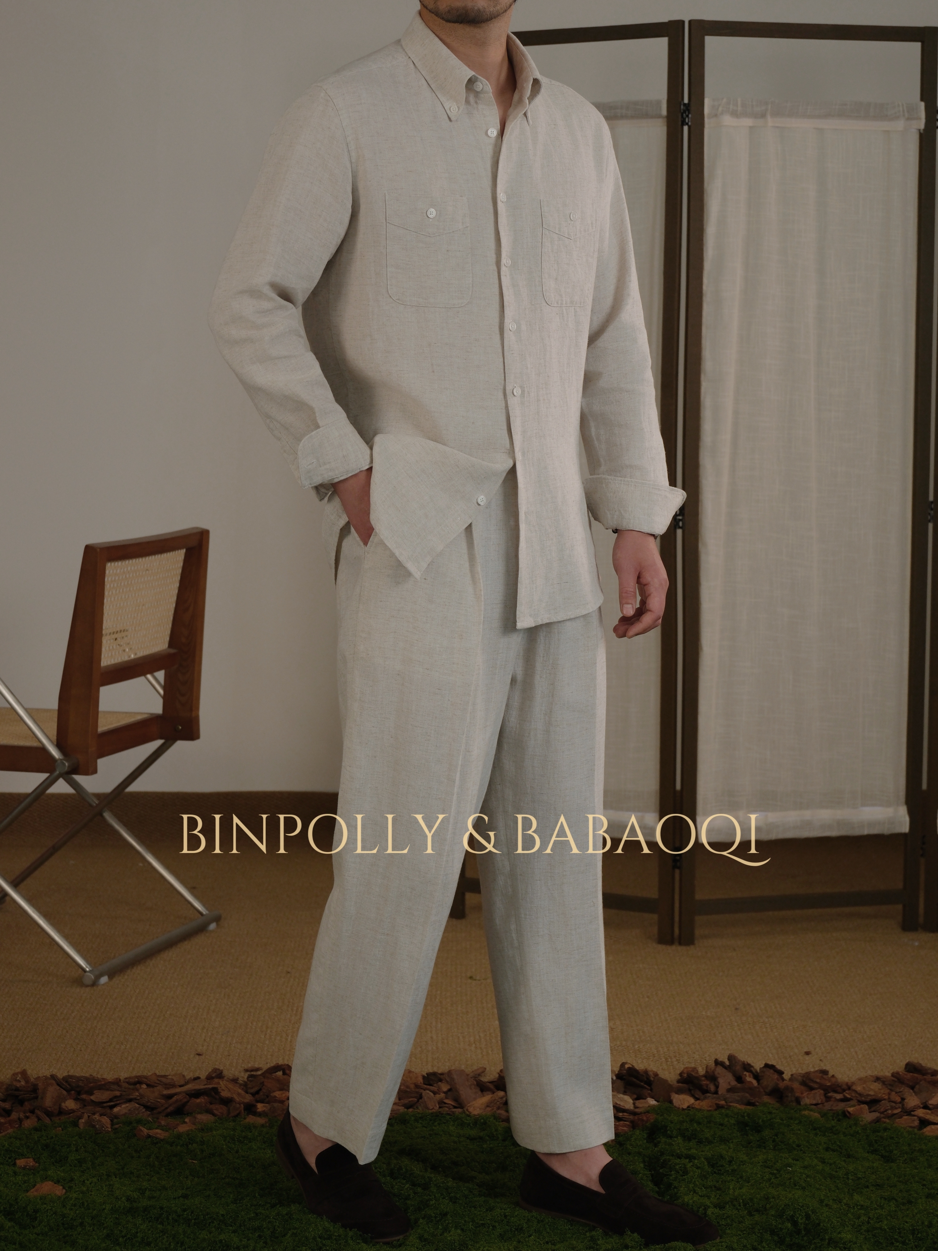 BABAOQI - Men's Tencel Linen Blend Button-Down with Dual Chest Pockets Shirt & Trousers Set