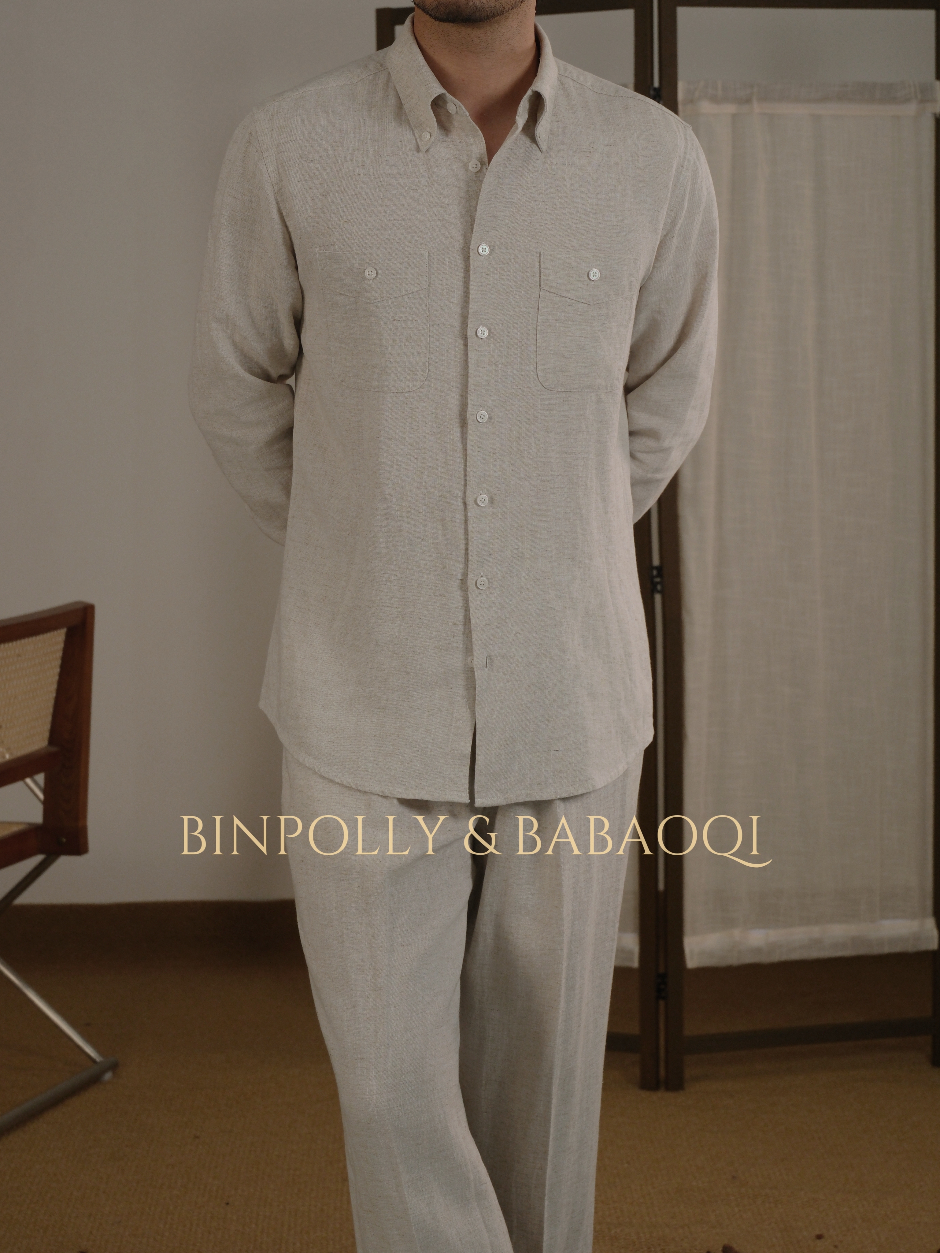 BABAOQI - Men's Tencel Linen Blend Button-Down with Dual Chest Pockets Shirt & Trousers Set