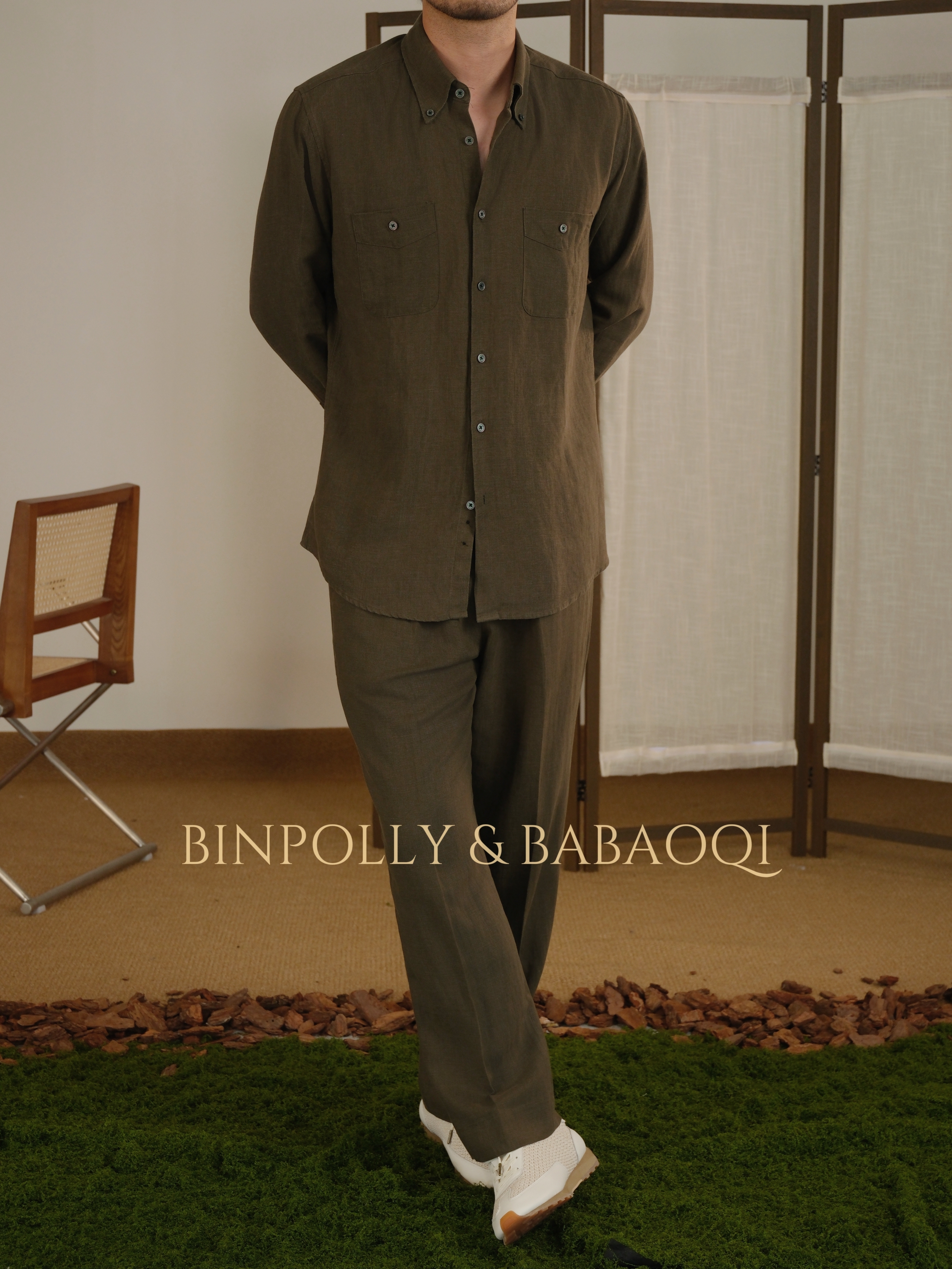 BABAOQI - Men's Tencel Linen Blend Button-Down with Dual Chest Pockets Shirt & Trousers Set