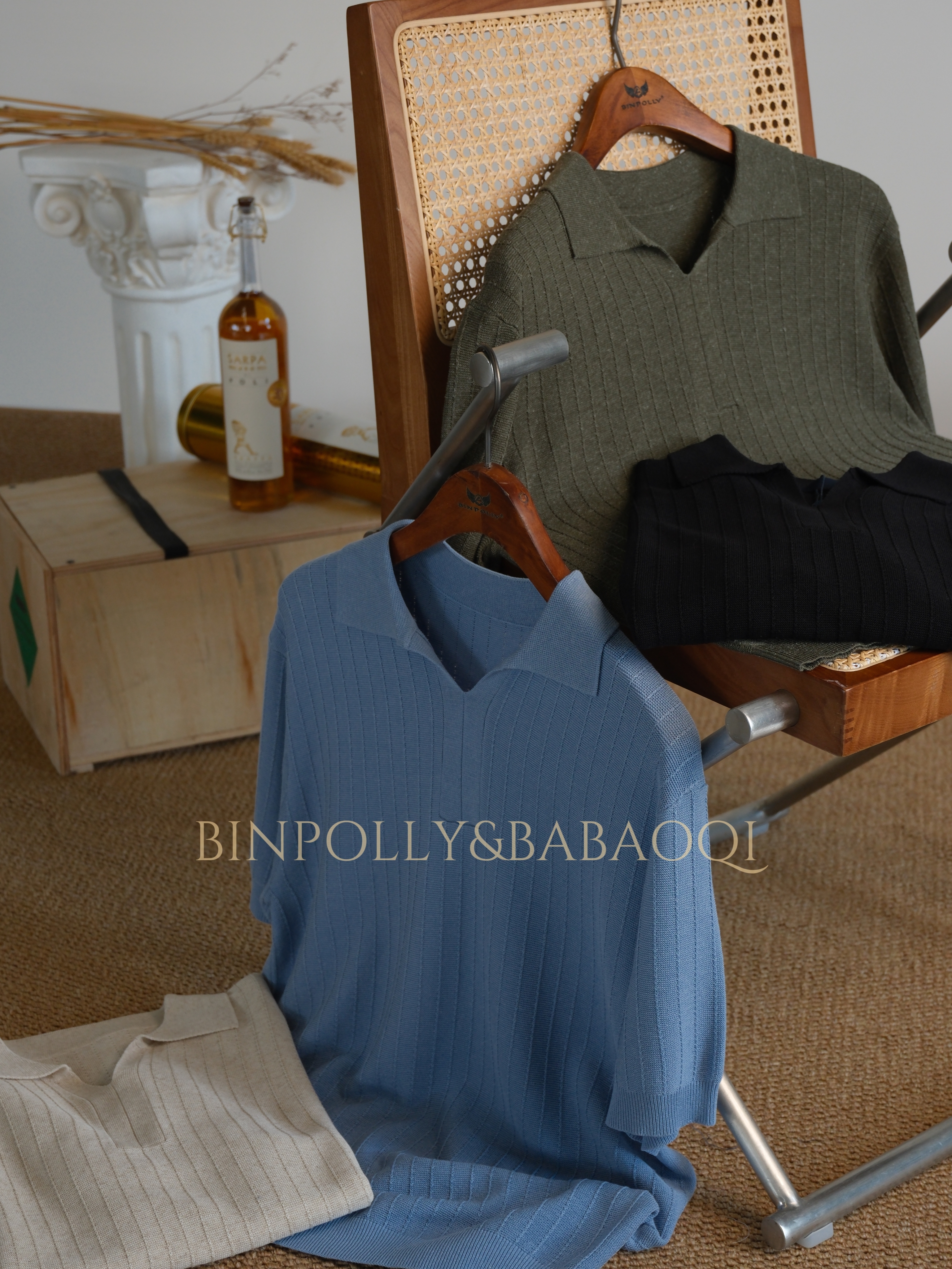 BABAOQI - Vertical texture knitted Polo shirt - Short sleeve V-neck casual style