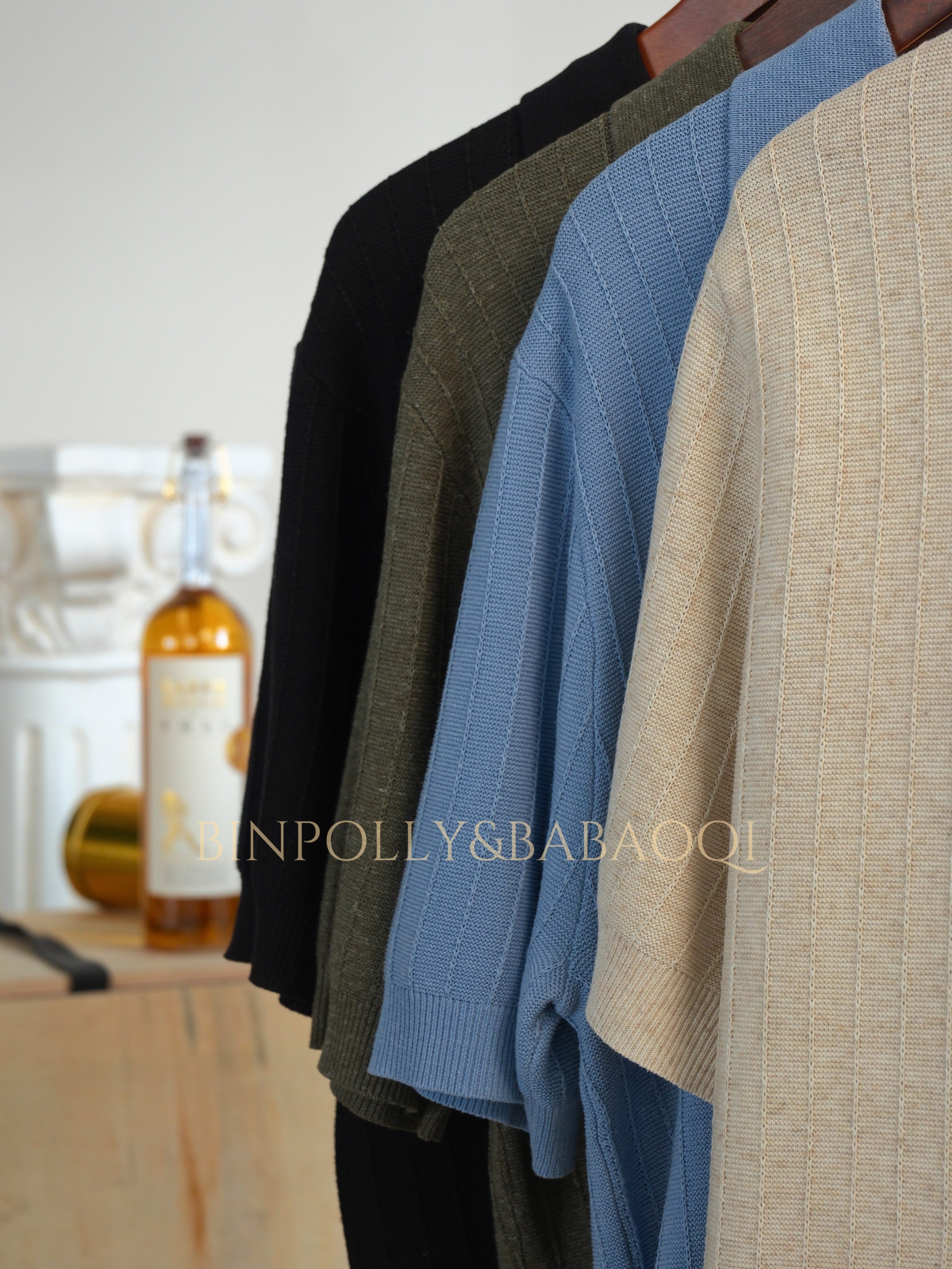 BABAOQI - Vertical texture knitted Polo shirt - Short sleeve V-neck casual style