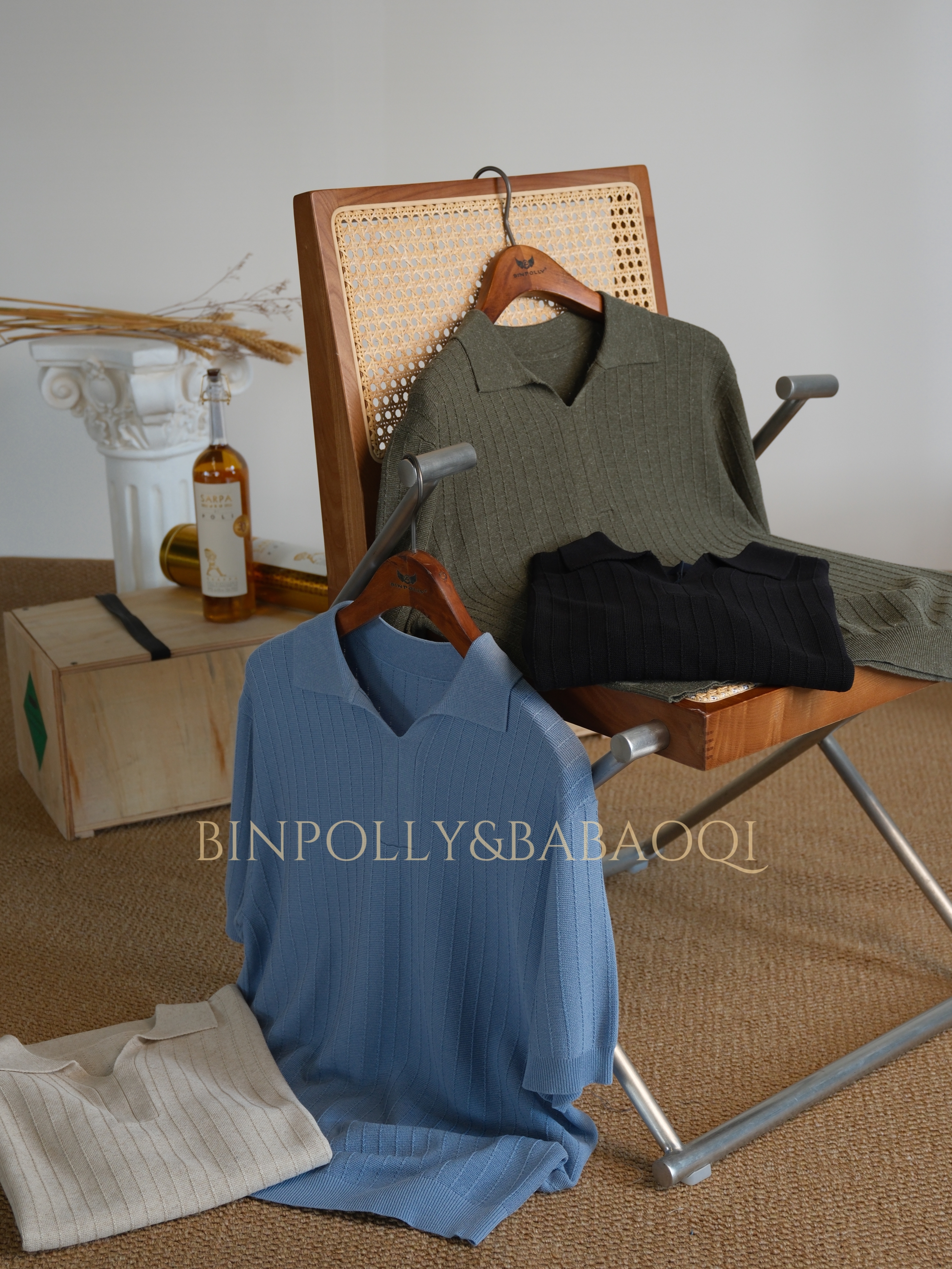 BABAOQI - Vertical texture knitted Polo shirt - Short sleeve V-neck casual style