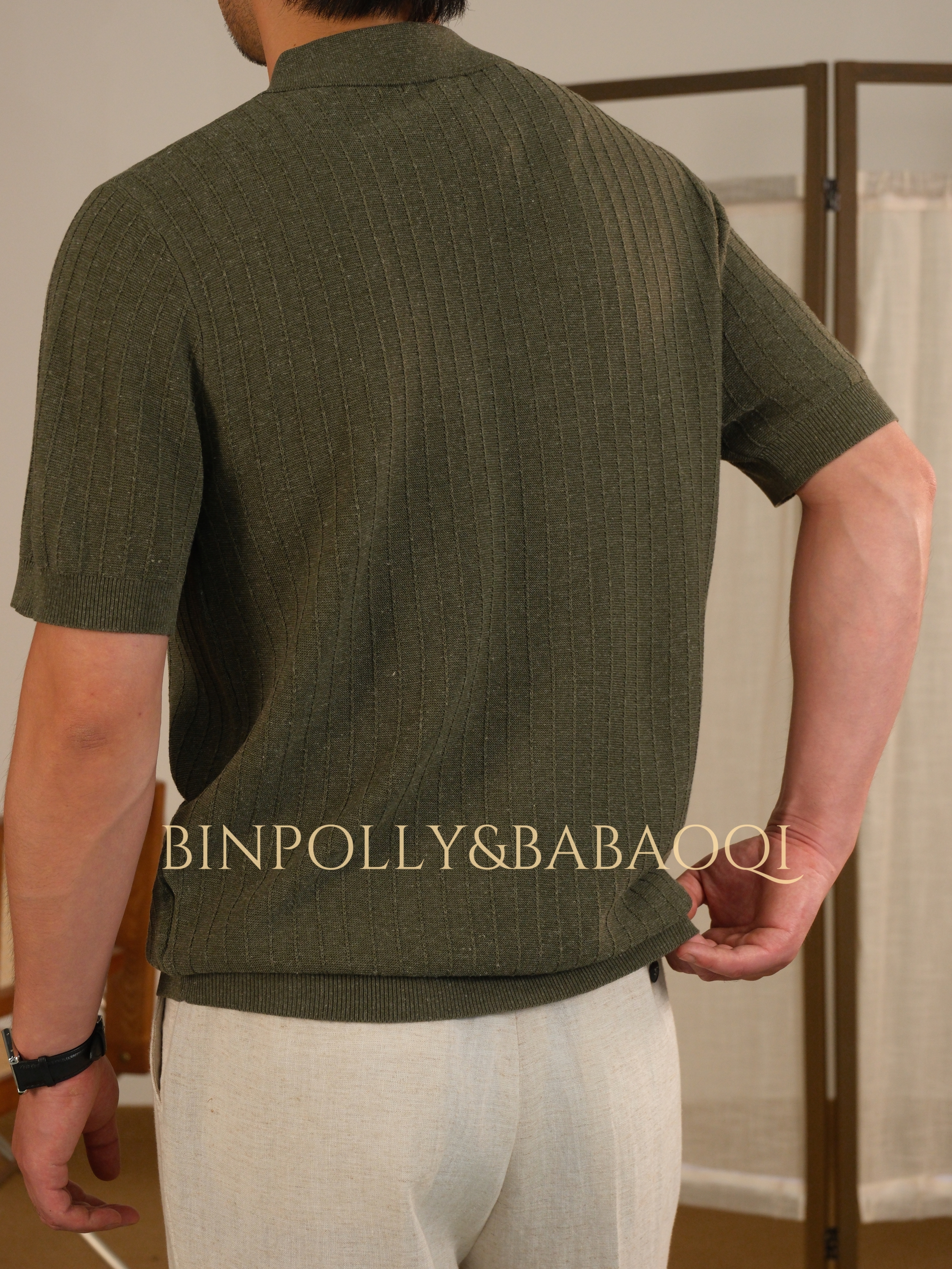 BABAOQI - Vertical texture knitted Polo shirt - Short sleeve V-neck casual style