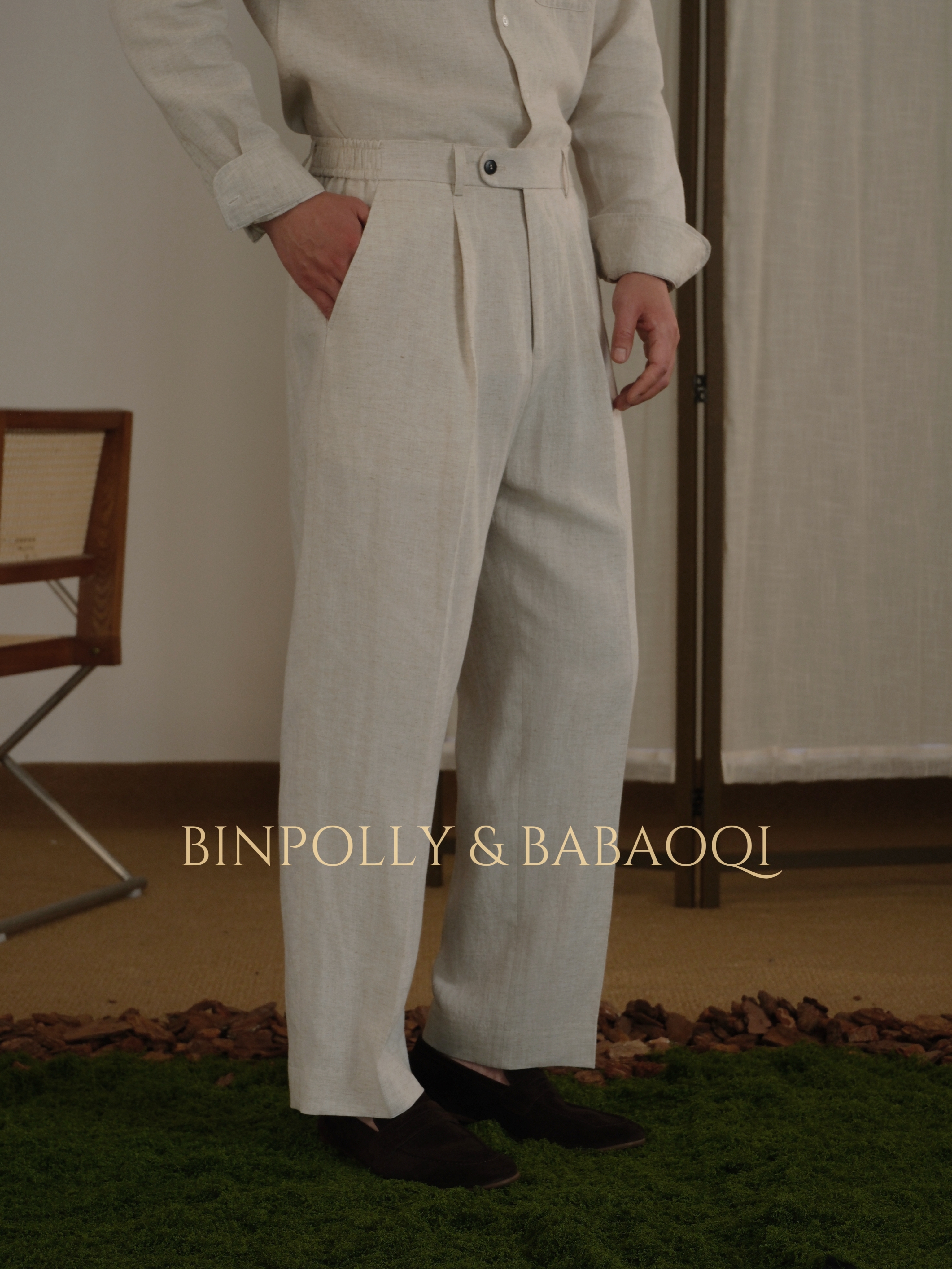 BABAOQI - Tencel Linen Blend Trousers - High-Waisted Wide-Leg Casual Pants