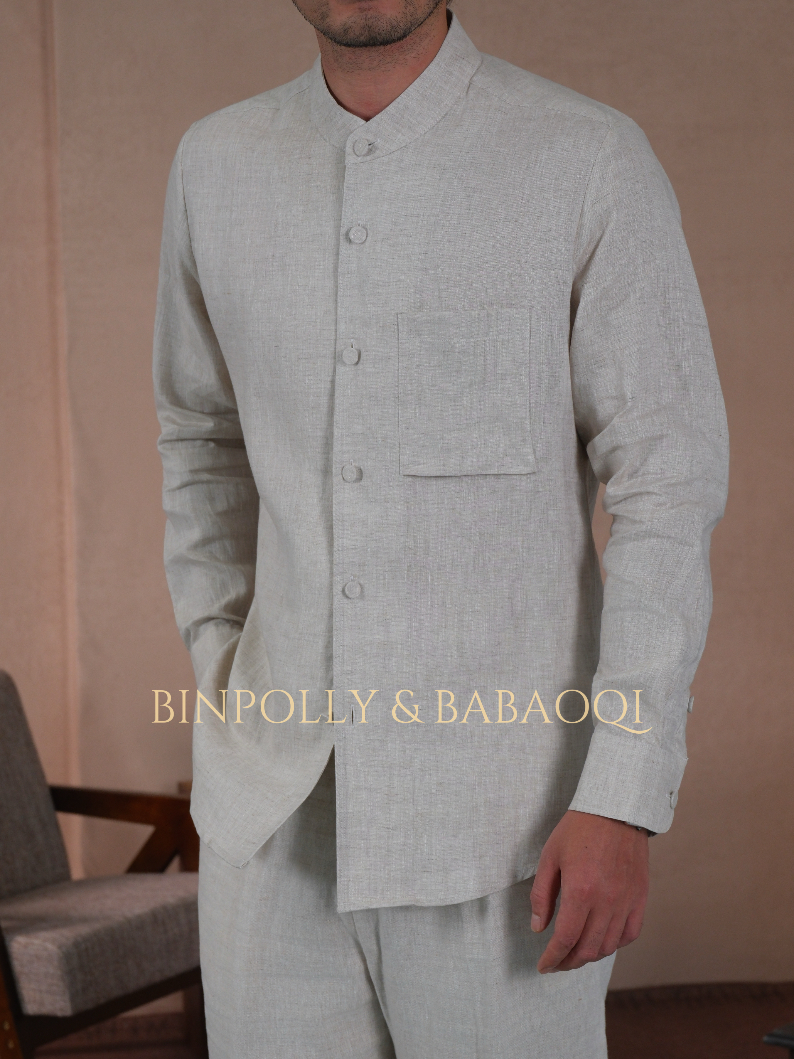 BABAOQI - Pure Linen Mandarin Collar Long Sleeve Shirt, Casual Stand Collar Button Up Top